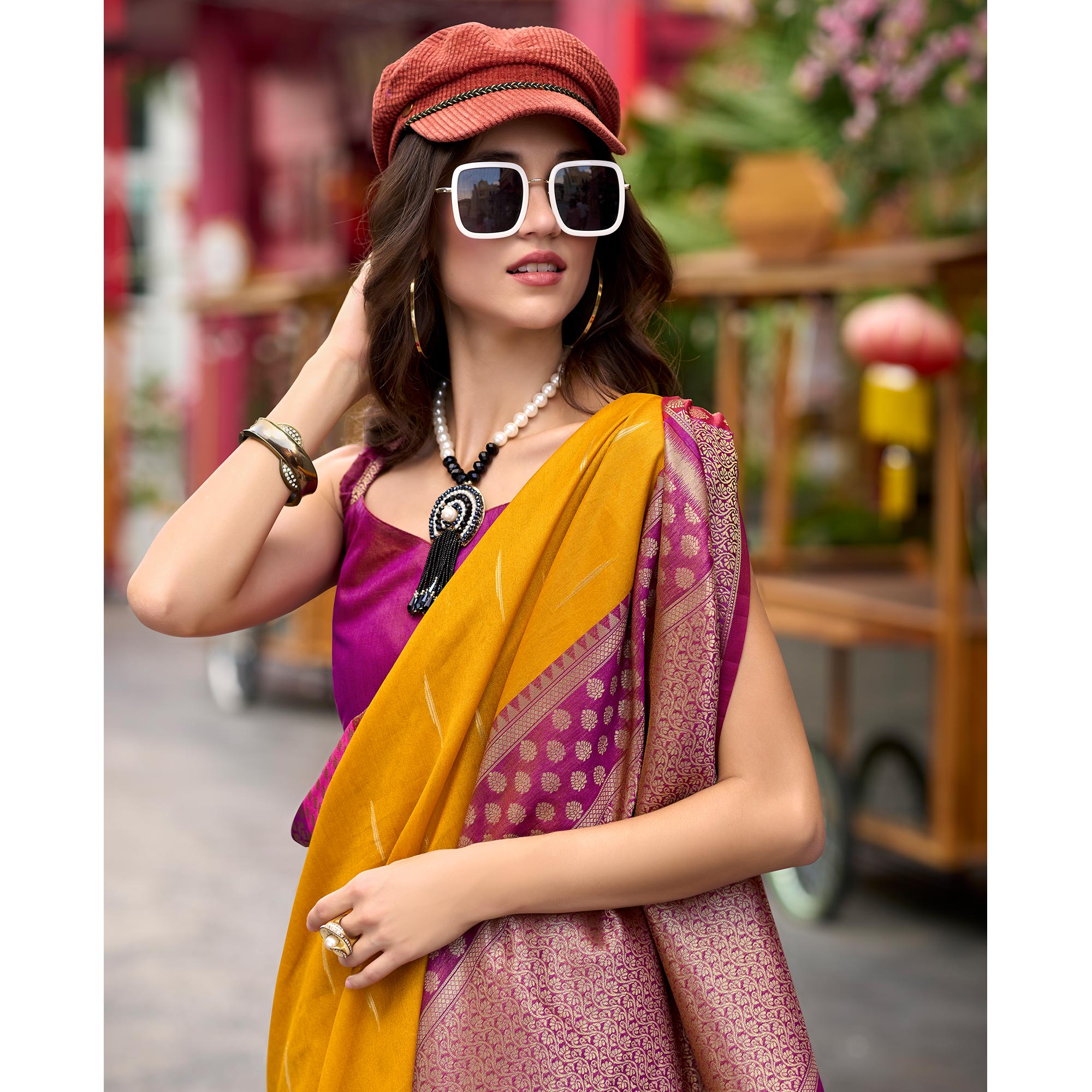 Mustard Zari Motifs Woven Soft Banarasi Silk Saree