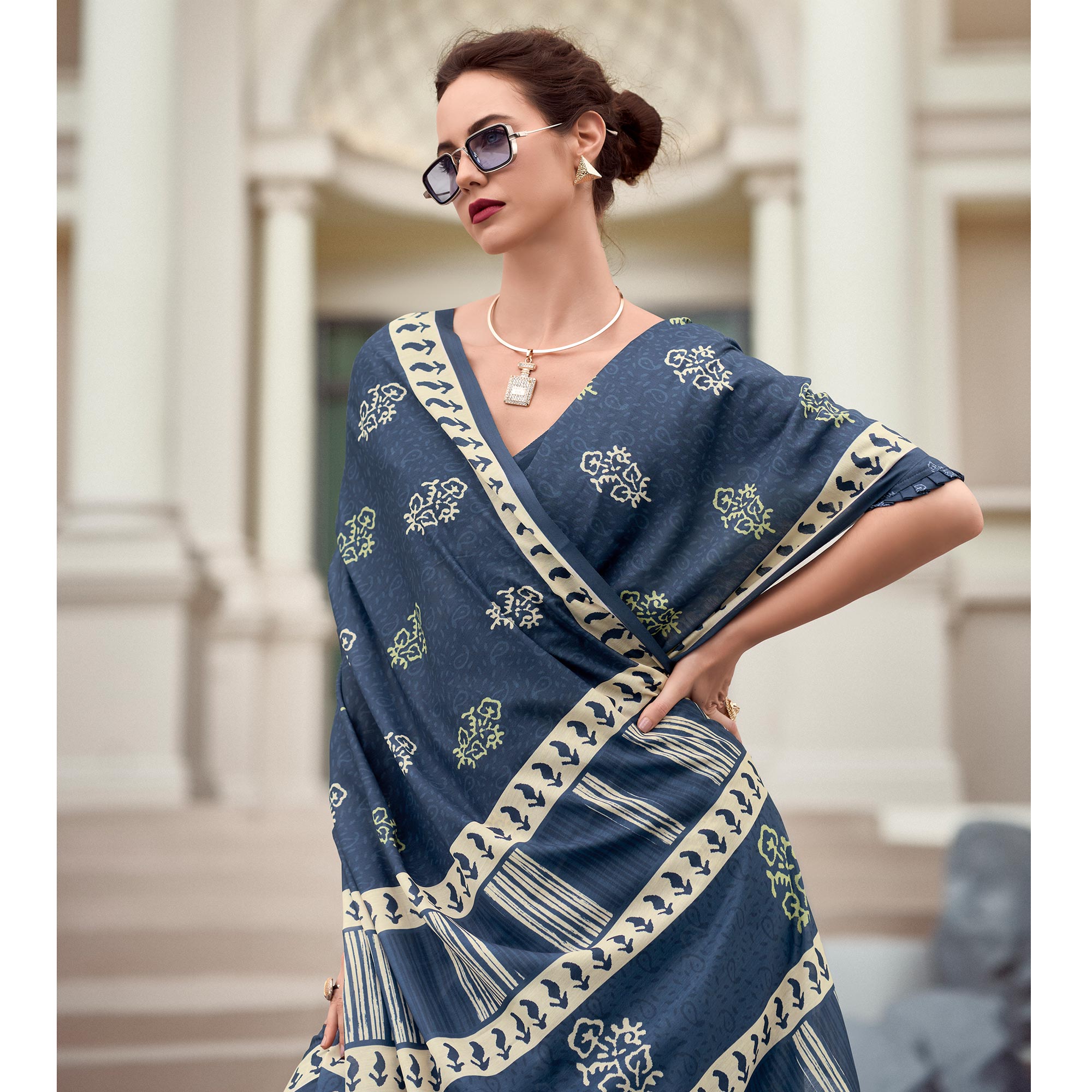 Blue Floral Printed Mul Pure Silk Saree