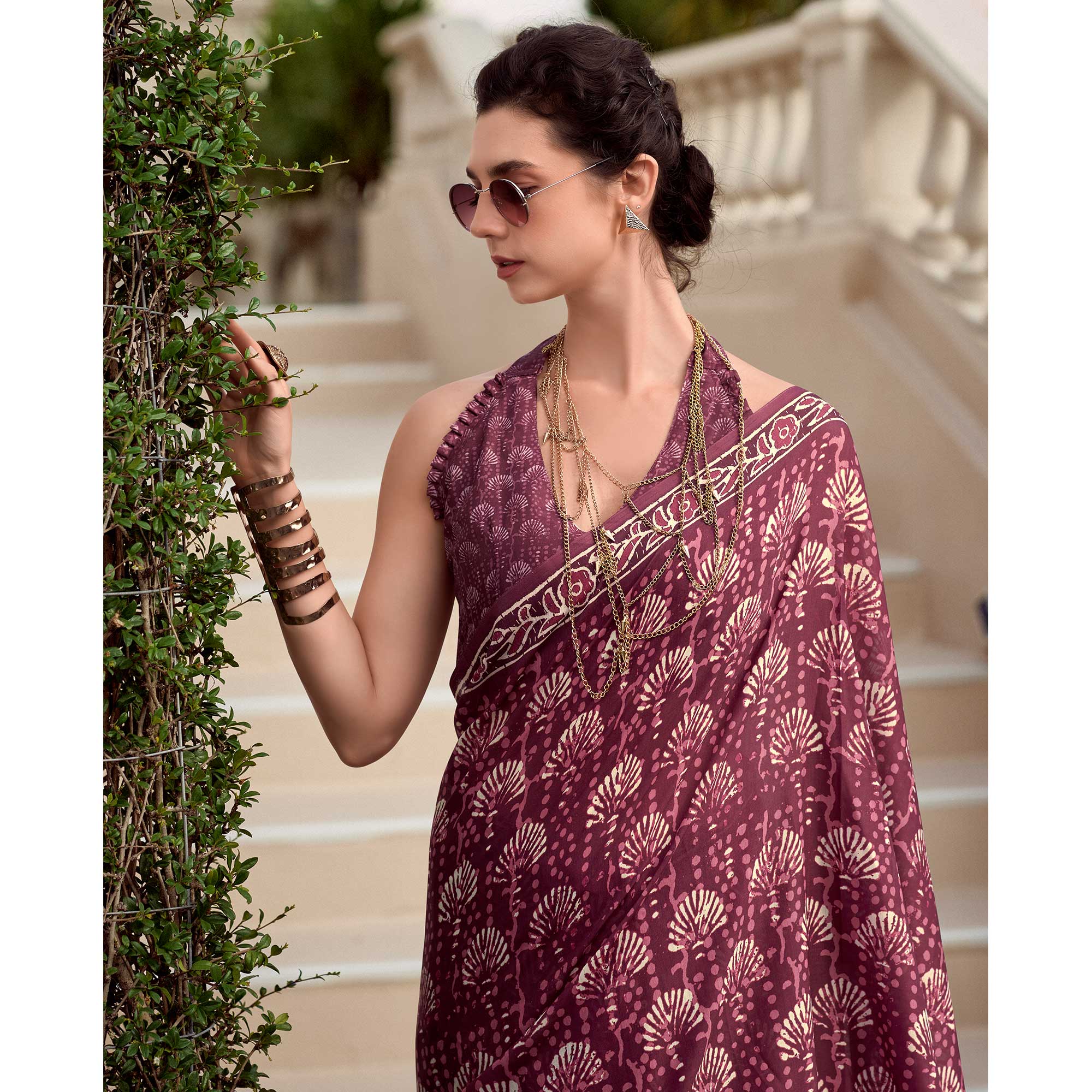 Wine Floral Printed Mul Pure Silk Saree