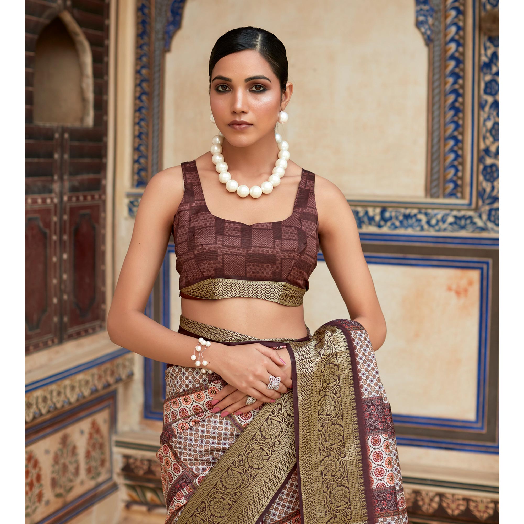 Beige & Brown Printed Dola Silk Saree