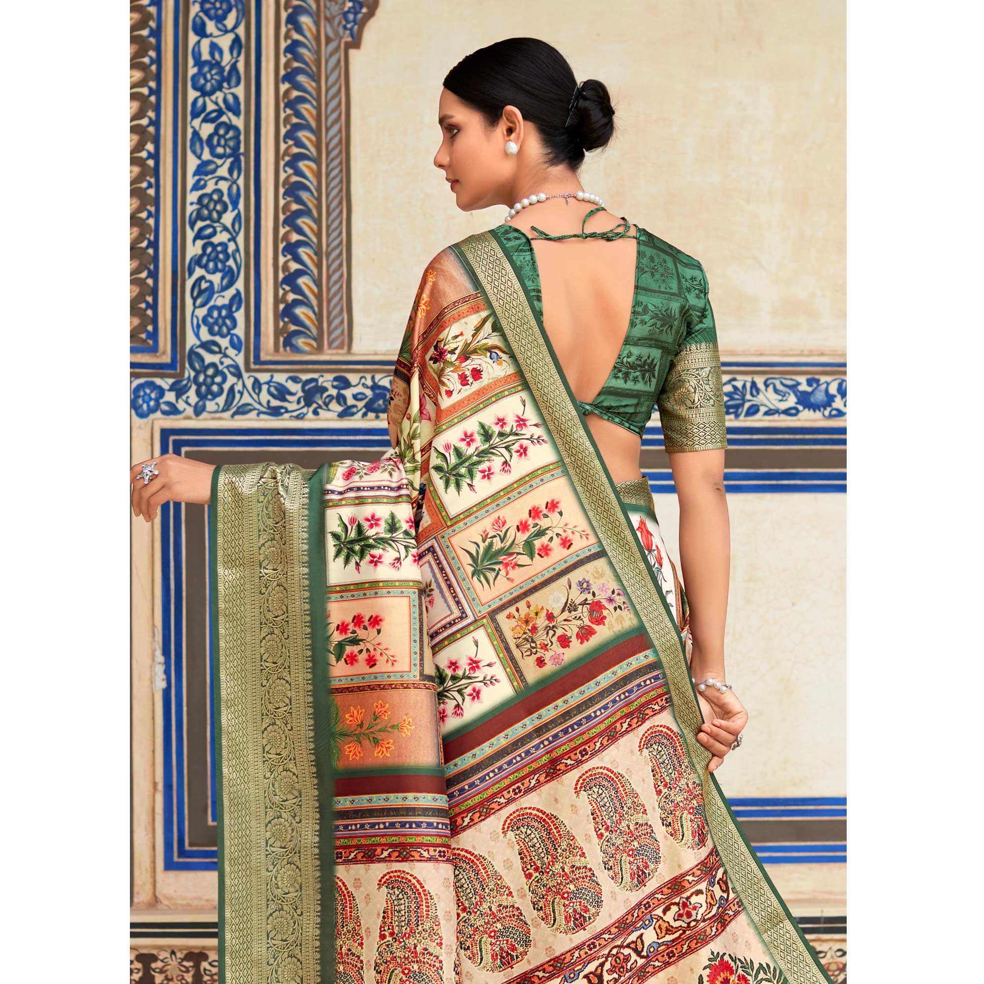 Beige & Green Printed Dola Silk Saree