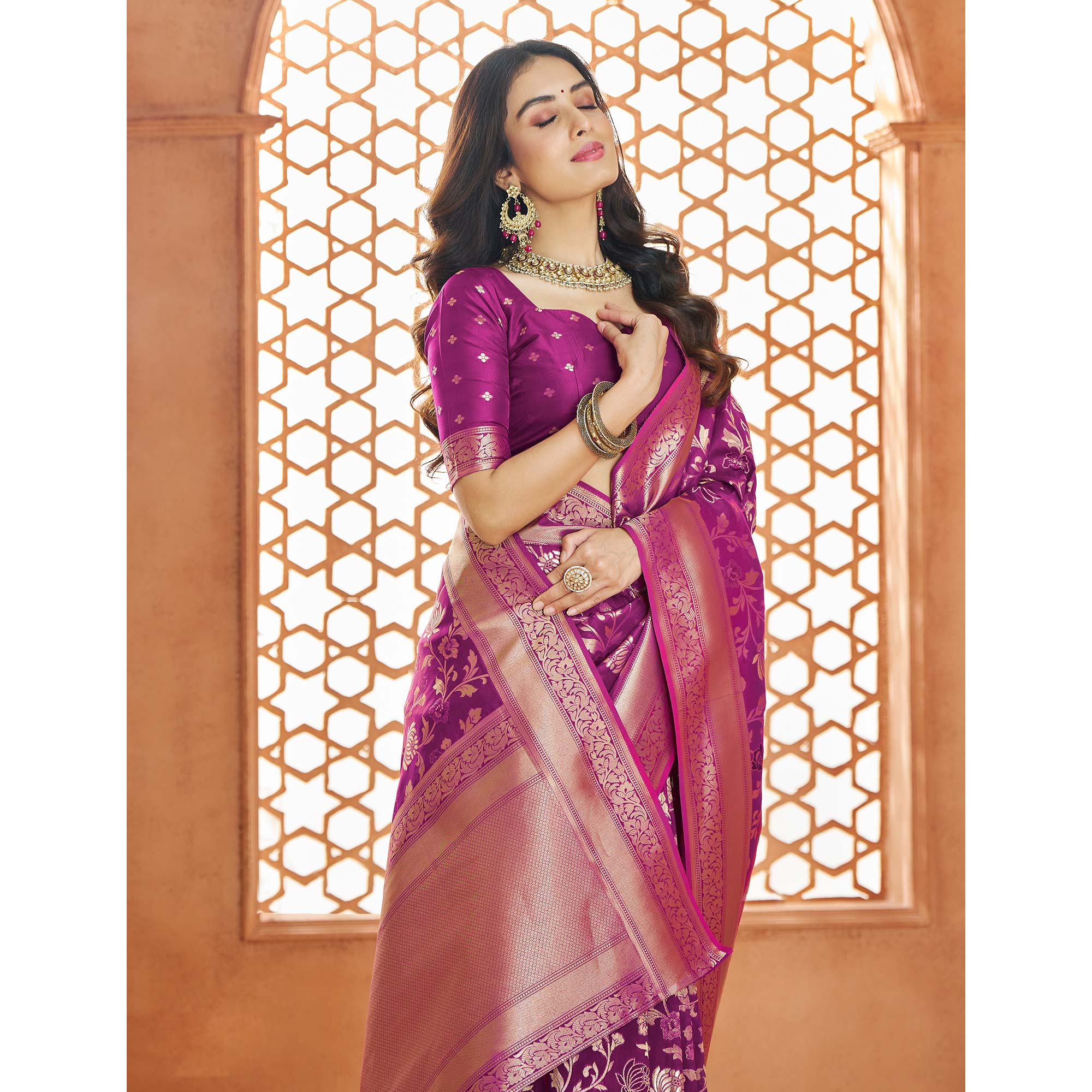 Purple Floral Woven Pure Banarasi Silk Saree