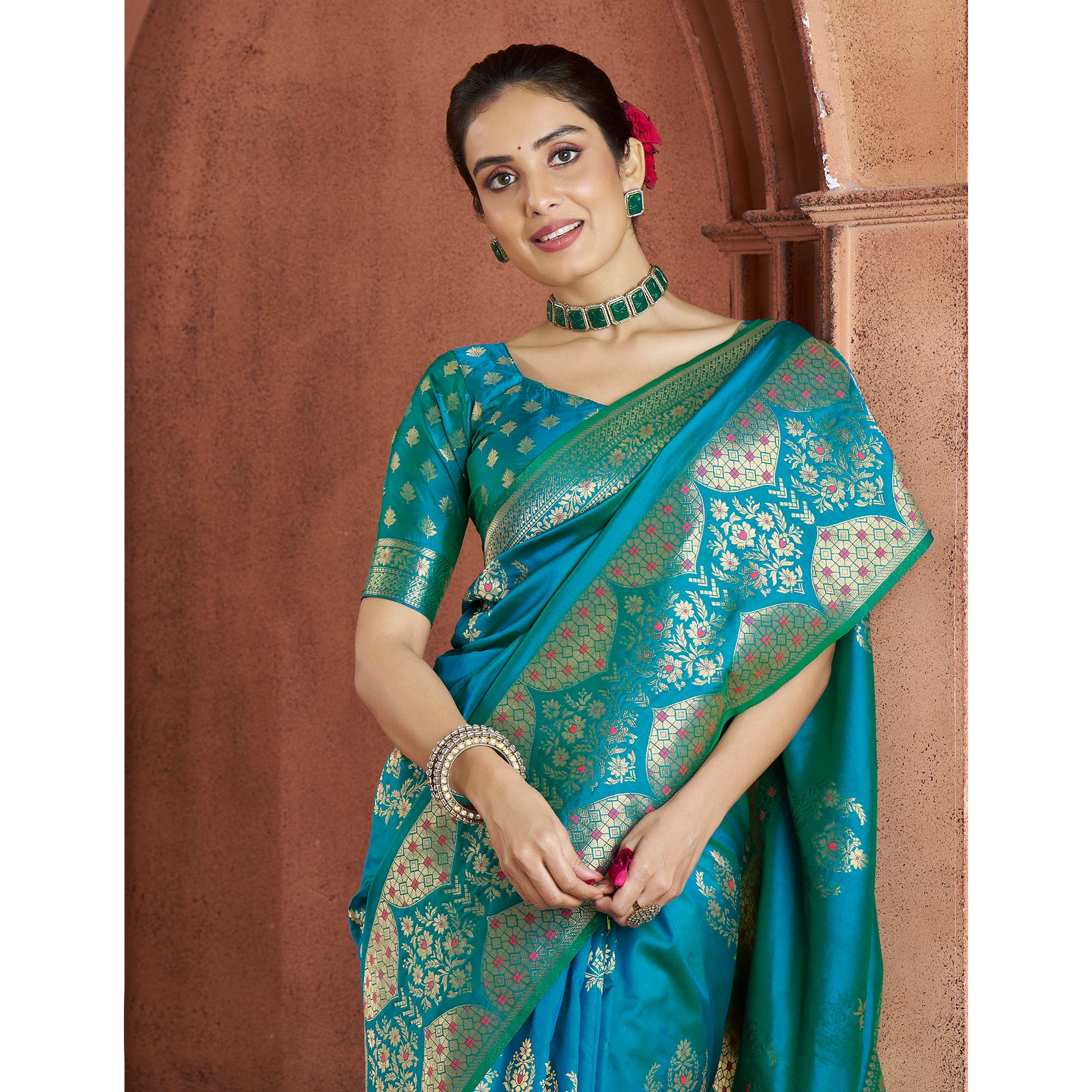 Rama Blue Floral Woven Pure Banarasi Silk Saree