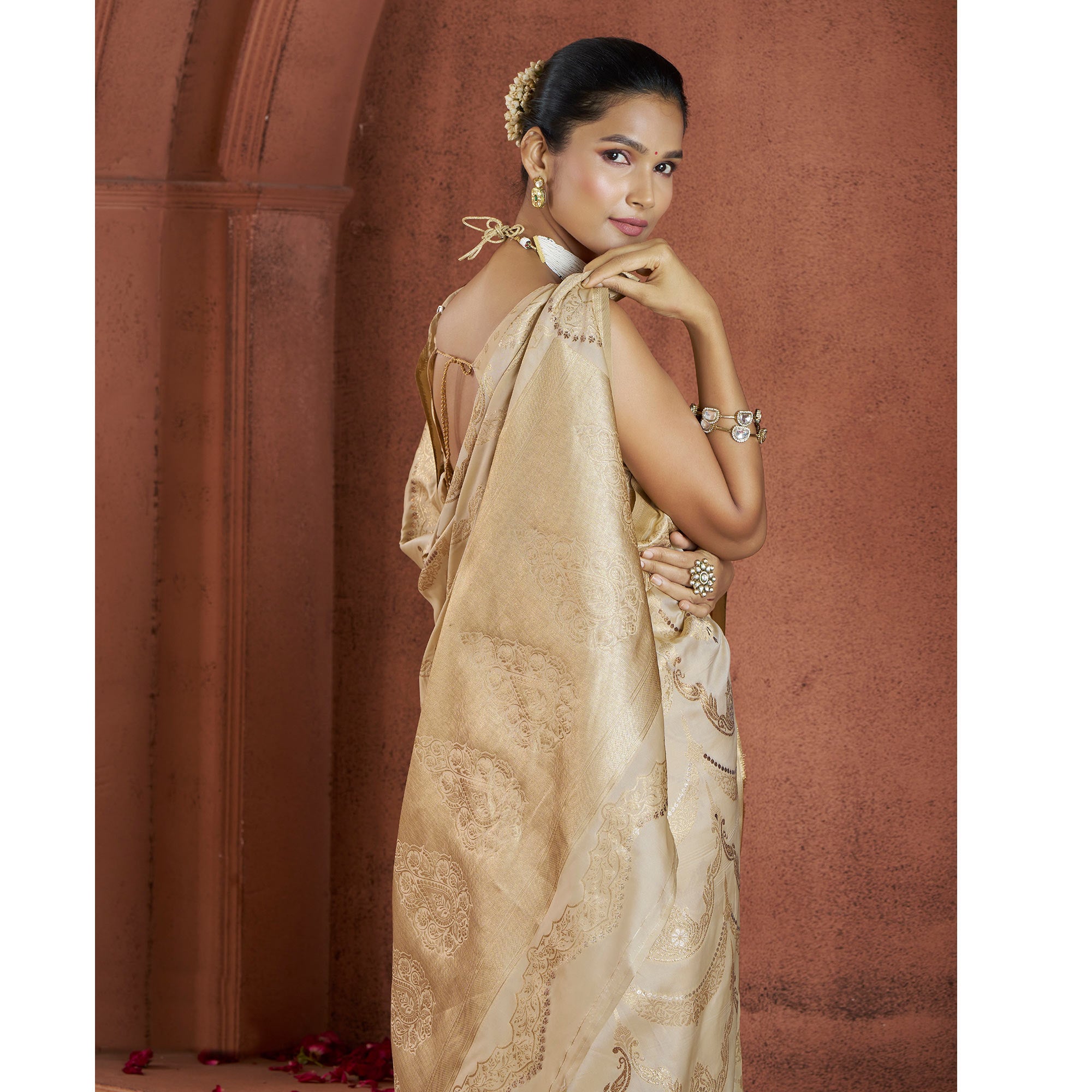 Beige Floral Woven Pure Banarasi Silk Saree