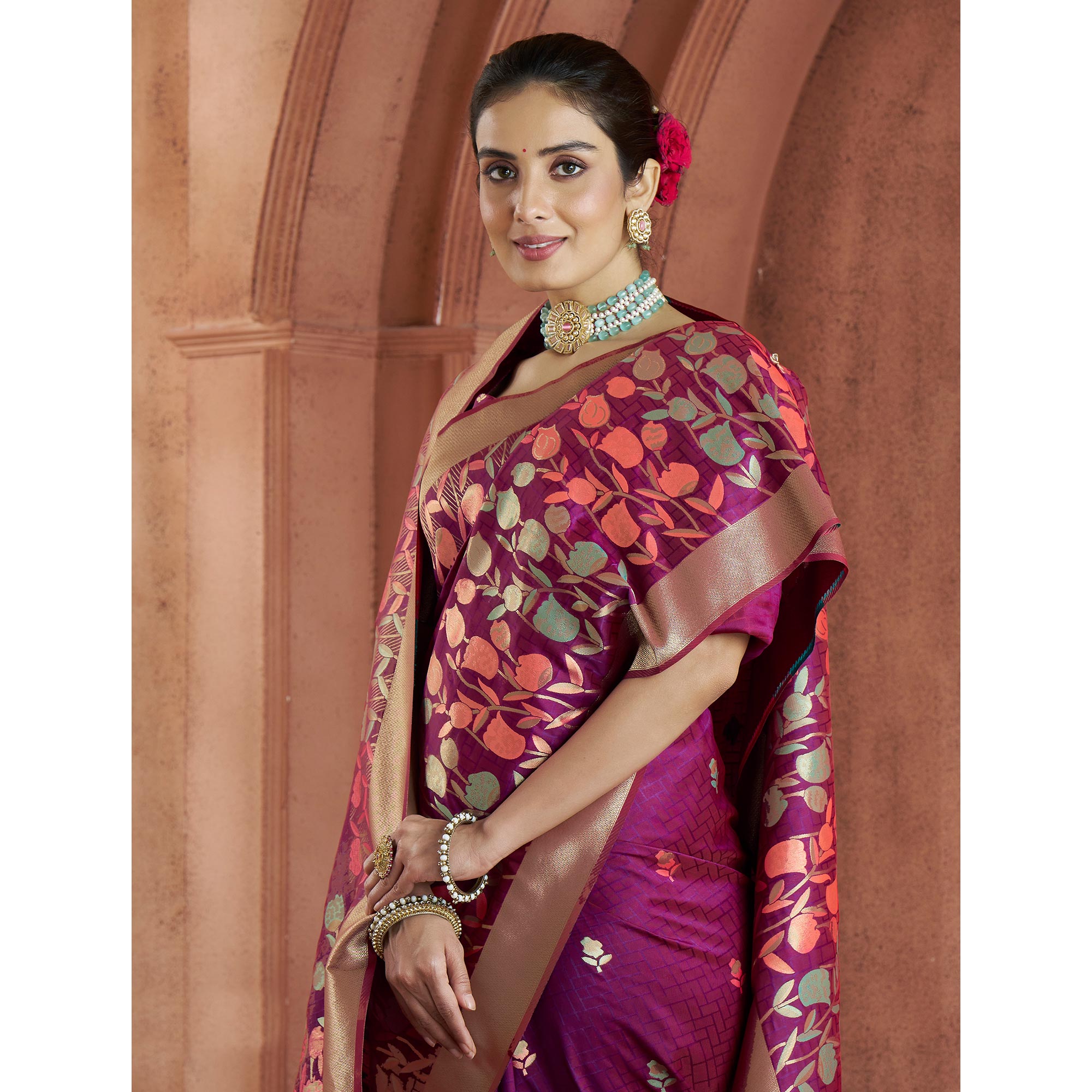 Purple Floral Woven Pure Banarasi Silk Saree