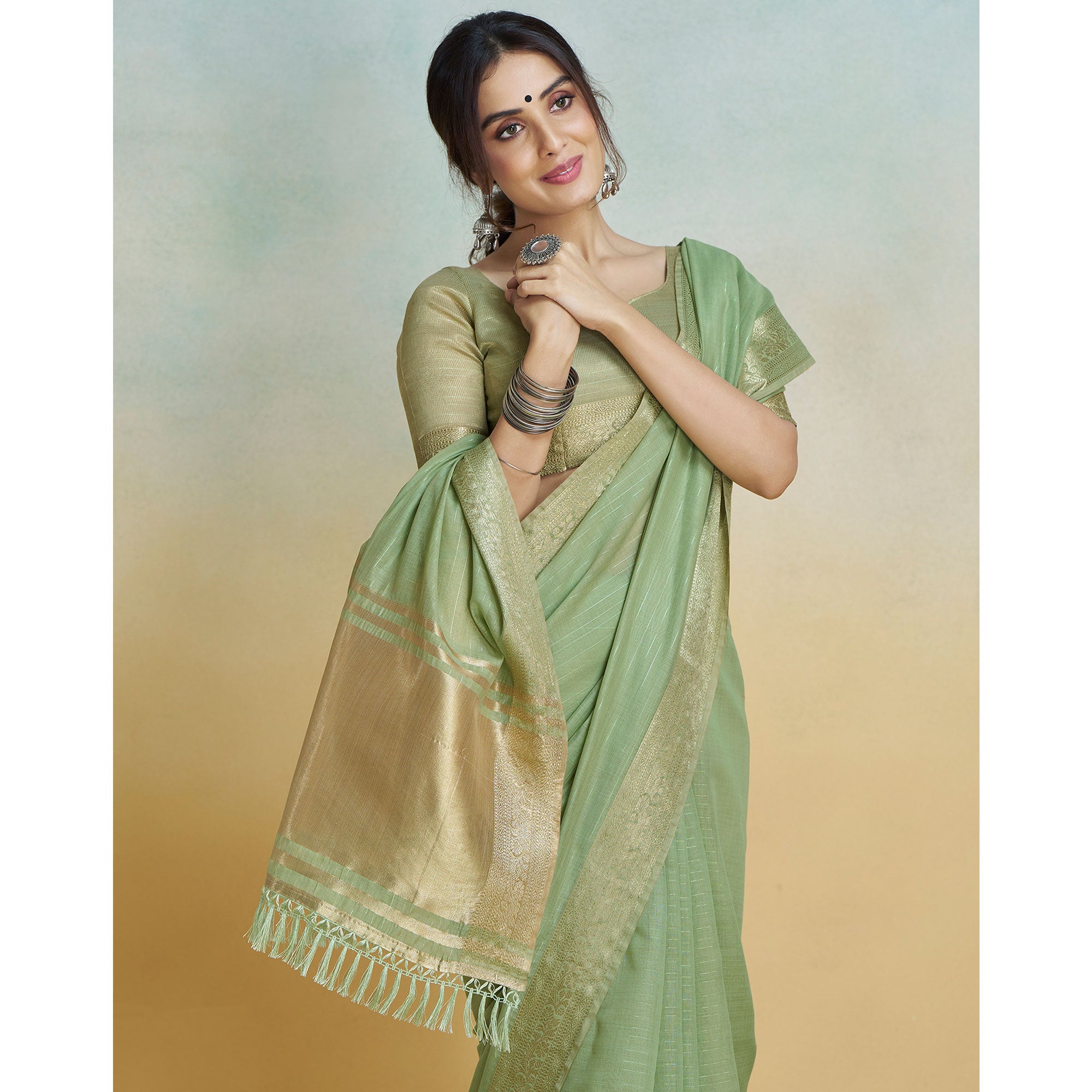 Green Woven Cotton Silk Saree With Tassels