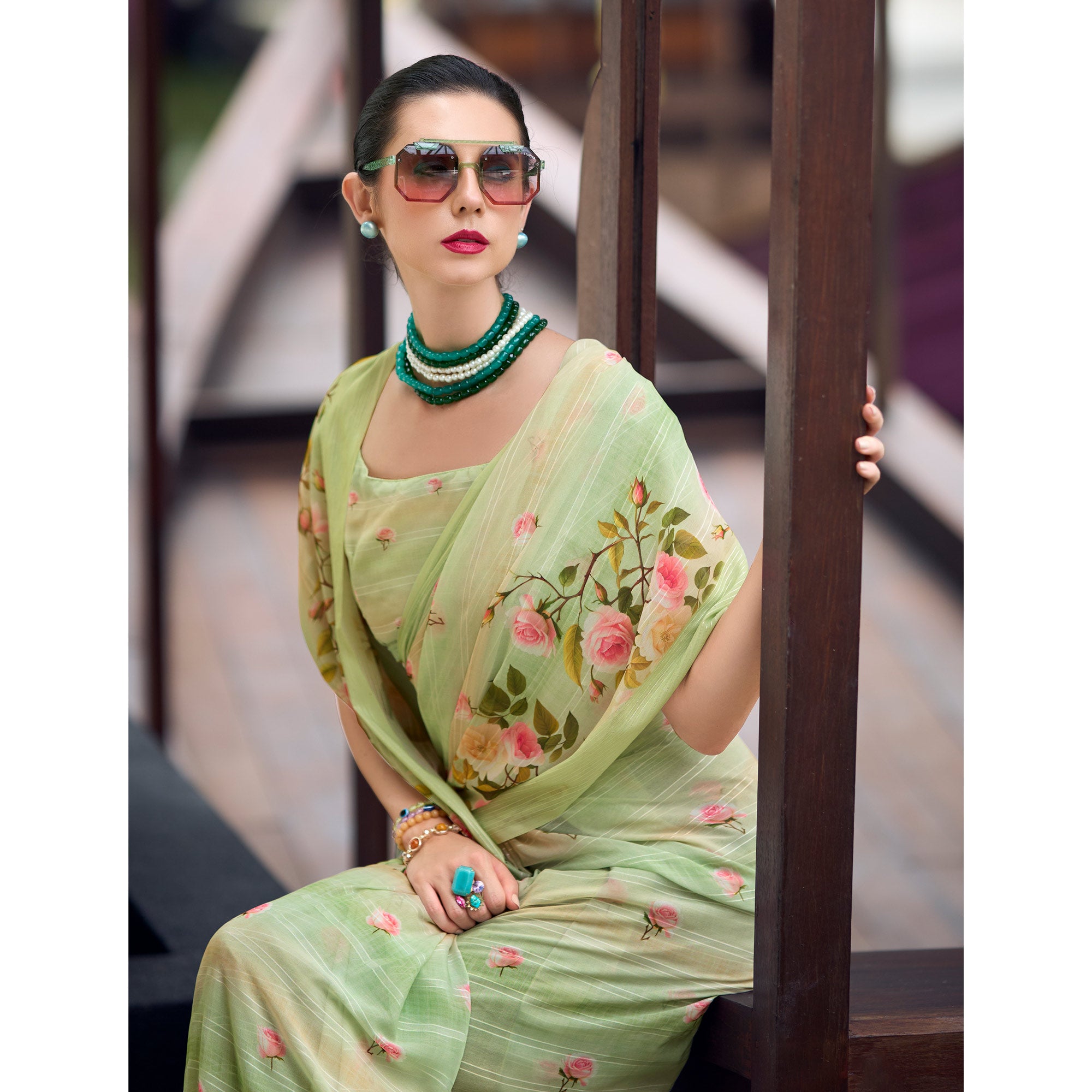 Green Floral Digital Printed Georgette Saree
