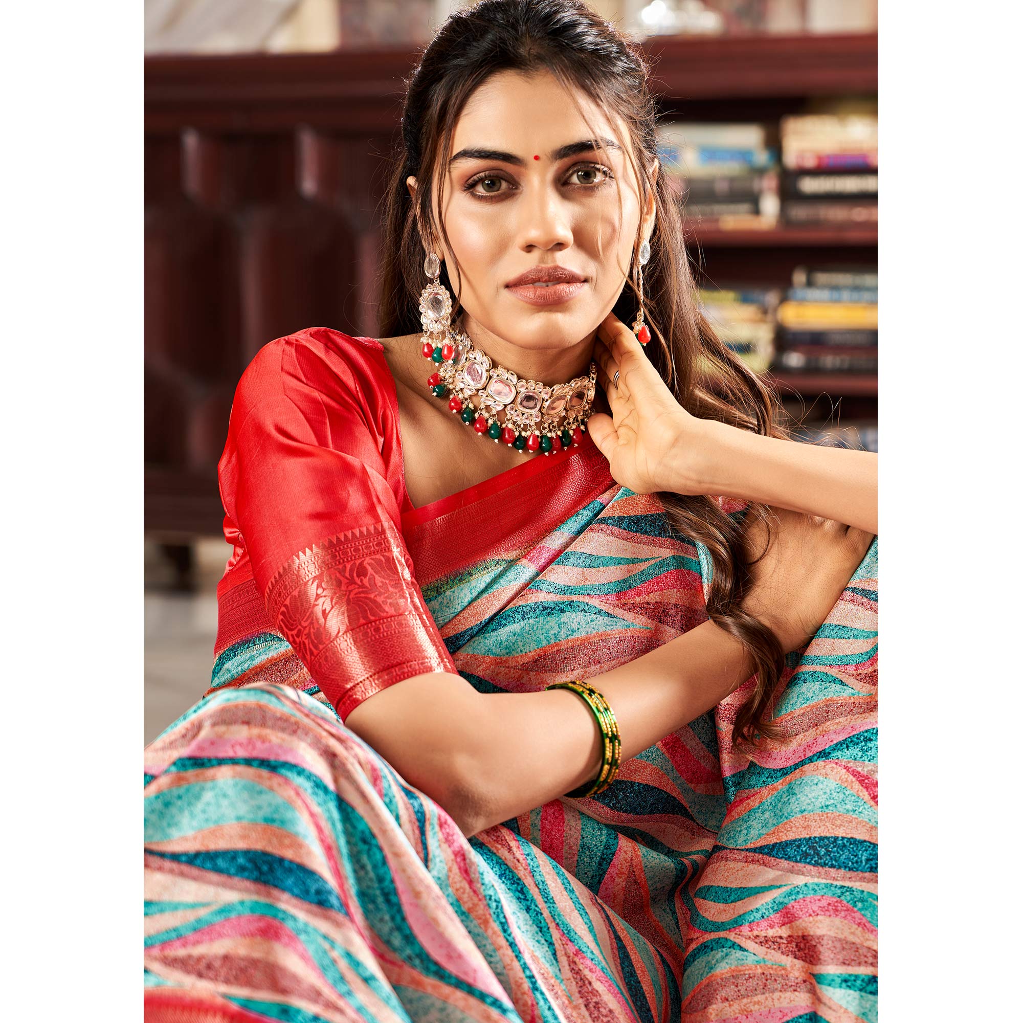 Multicolor Digital Printed Satin Saree