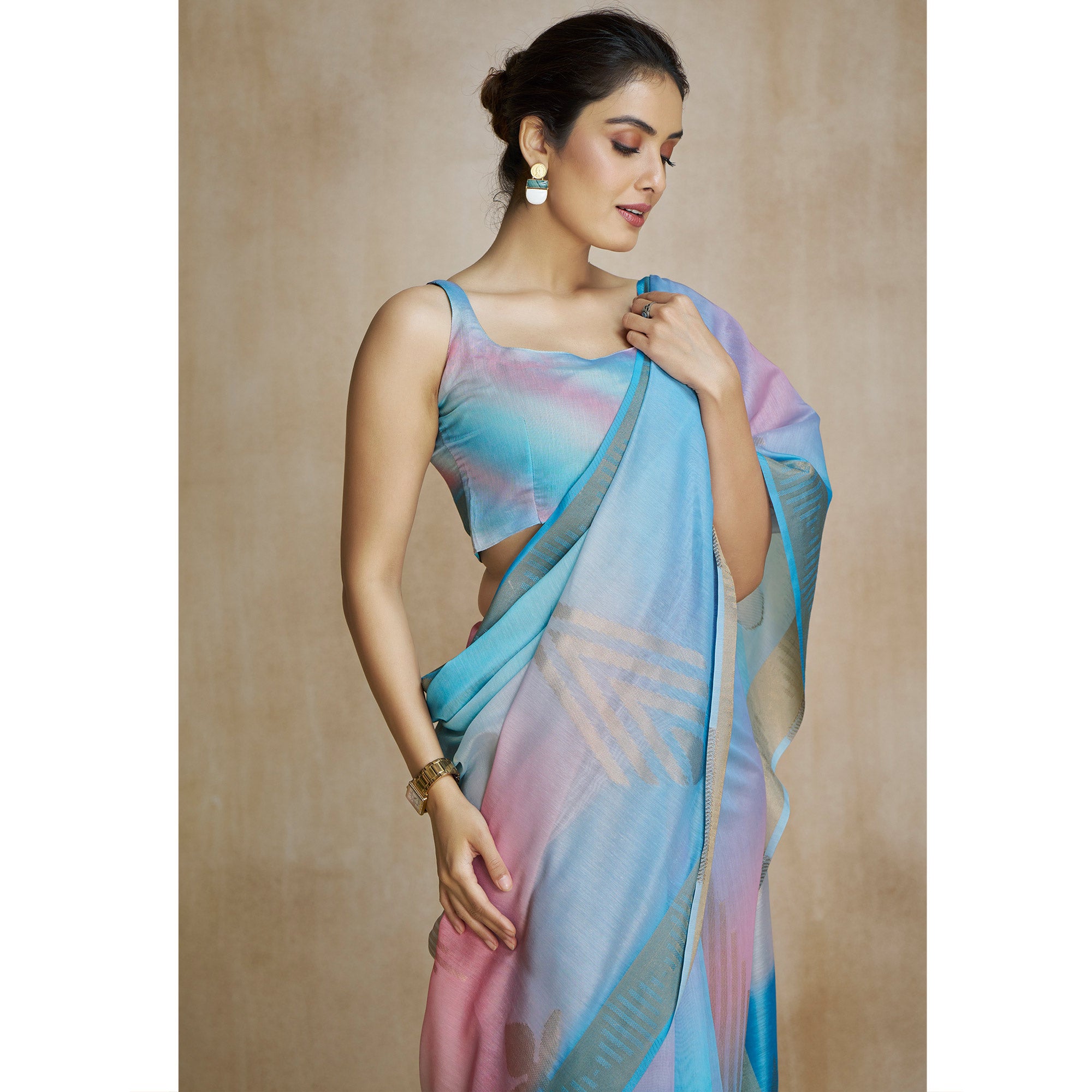 Blue Digital Printed With Woven Pure Silk Ombre Saree