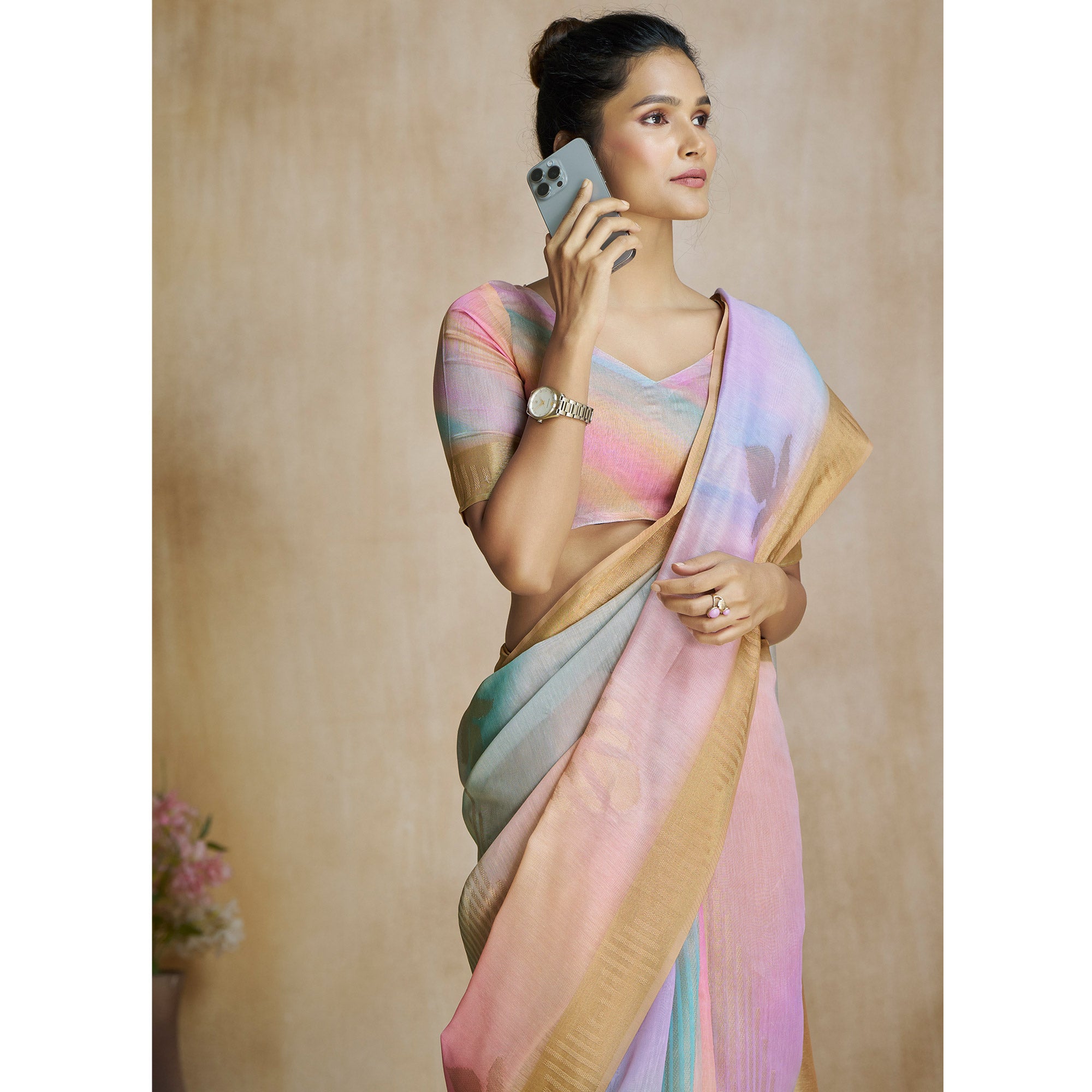 Chikoo Digital Printed With Woven Pure Silk Ombre Saree