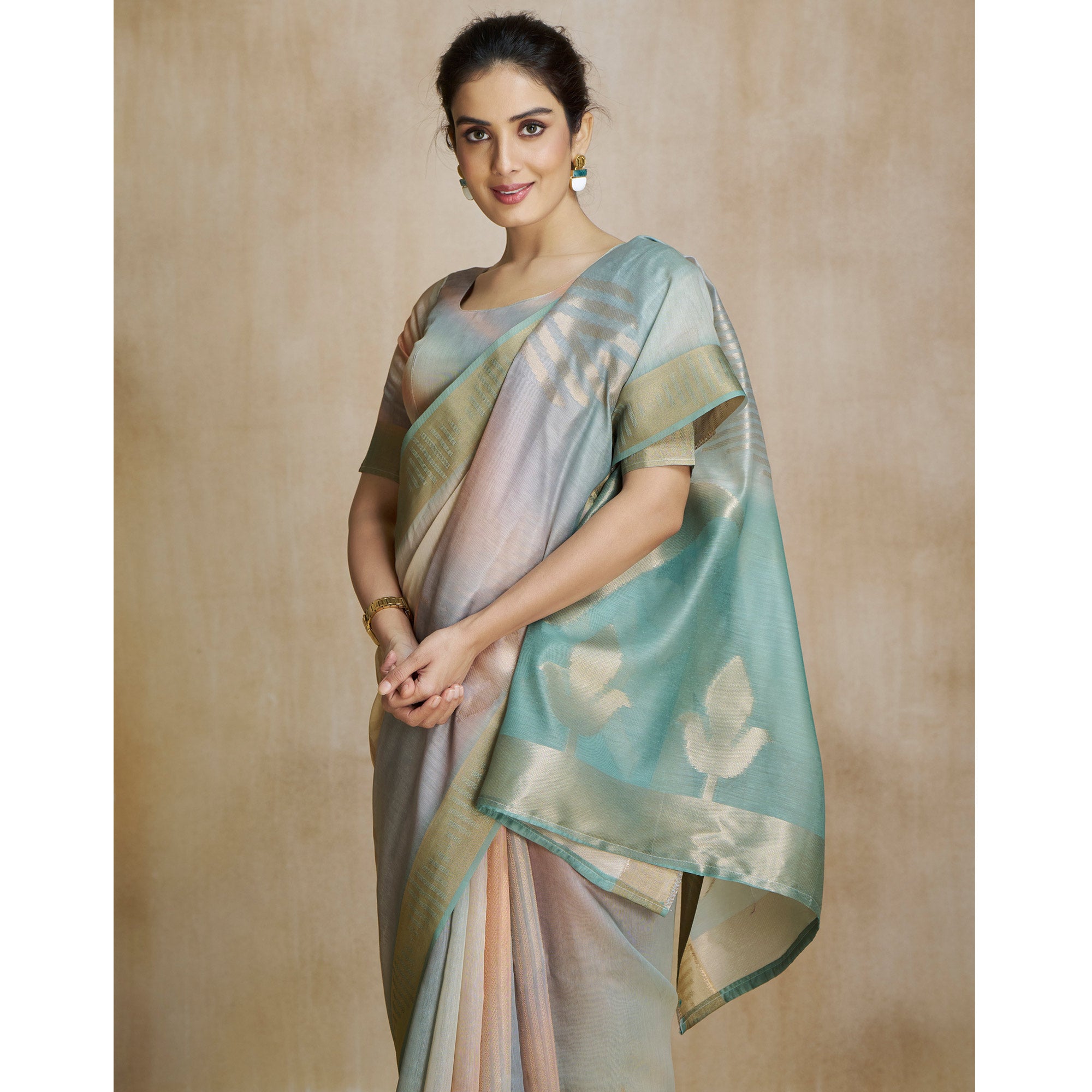 Sea Green Digital Printed With Woven Pure Silk Ombre Saree