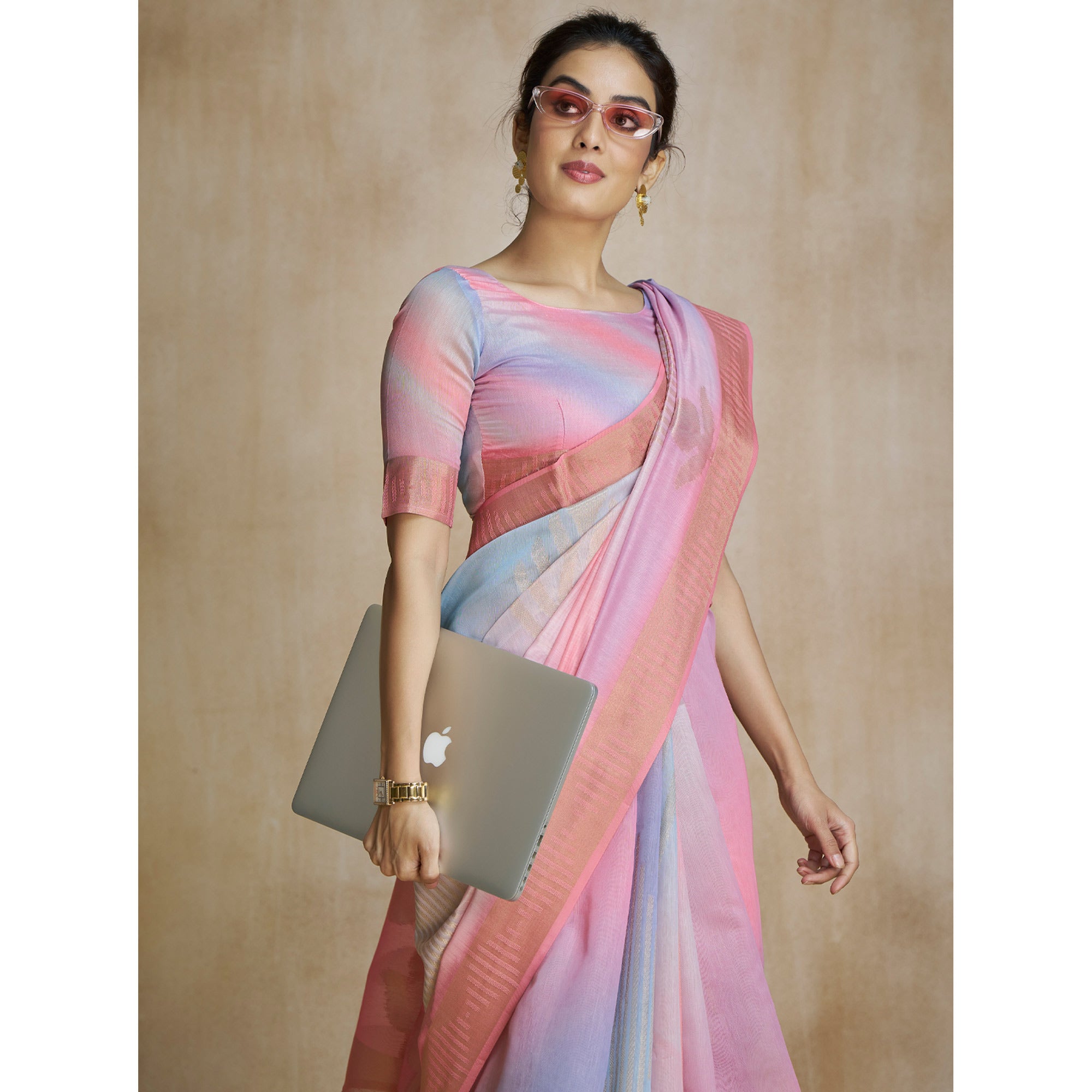 Pink Digital Printed With Woven Pure Silk Ombre Saree