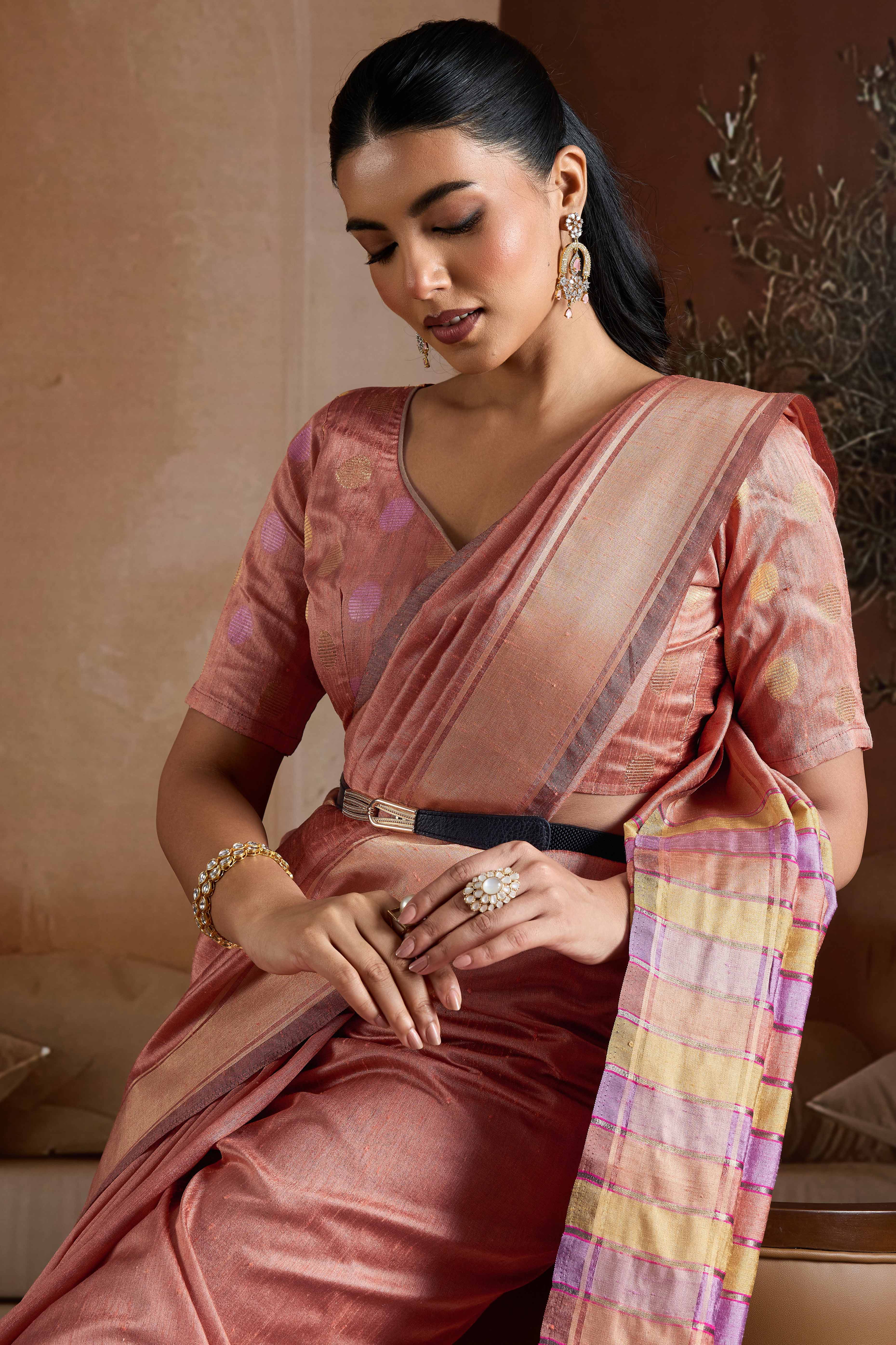 Graceful Peach Zari Woven Bhagalpuri Silk Saree Accented With Tassel Pallu