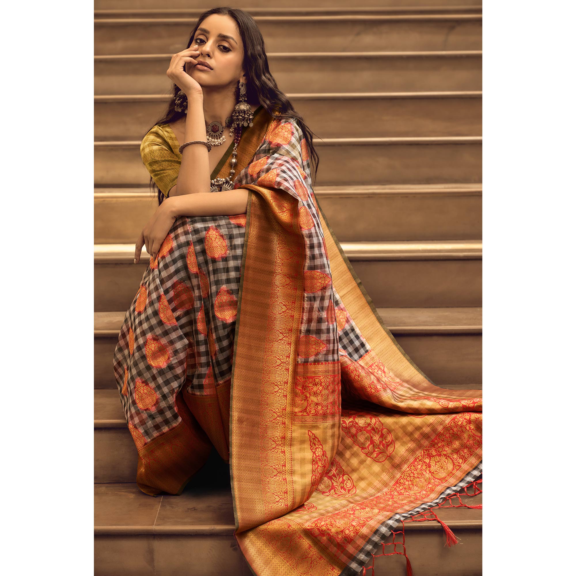 Red Checks Woven Organza Saree With Tassels