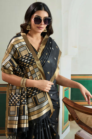 Classic Black Tussar Silk Saree Showcasing Rich Geometric Weaving & Trendy Tassel Pallu