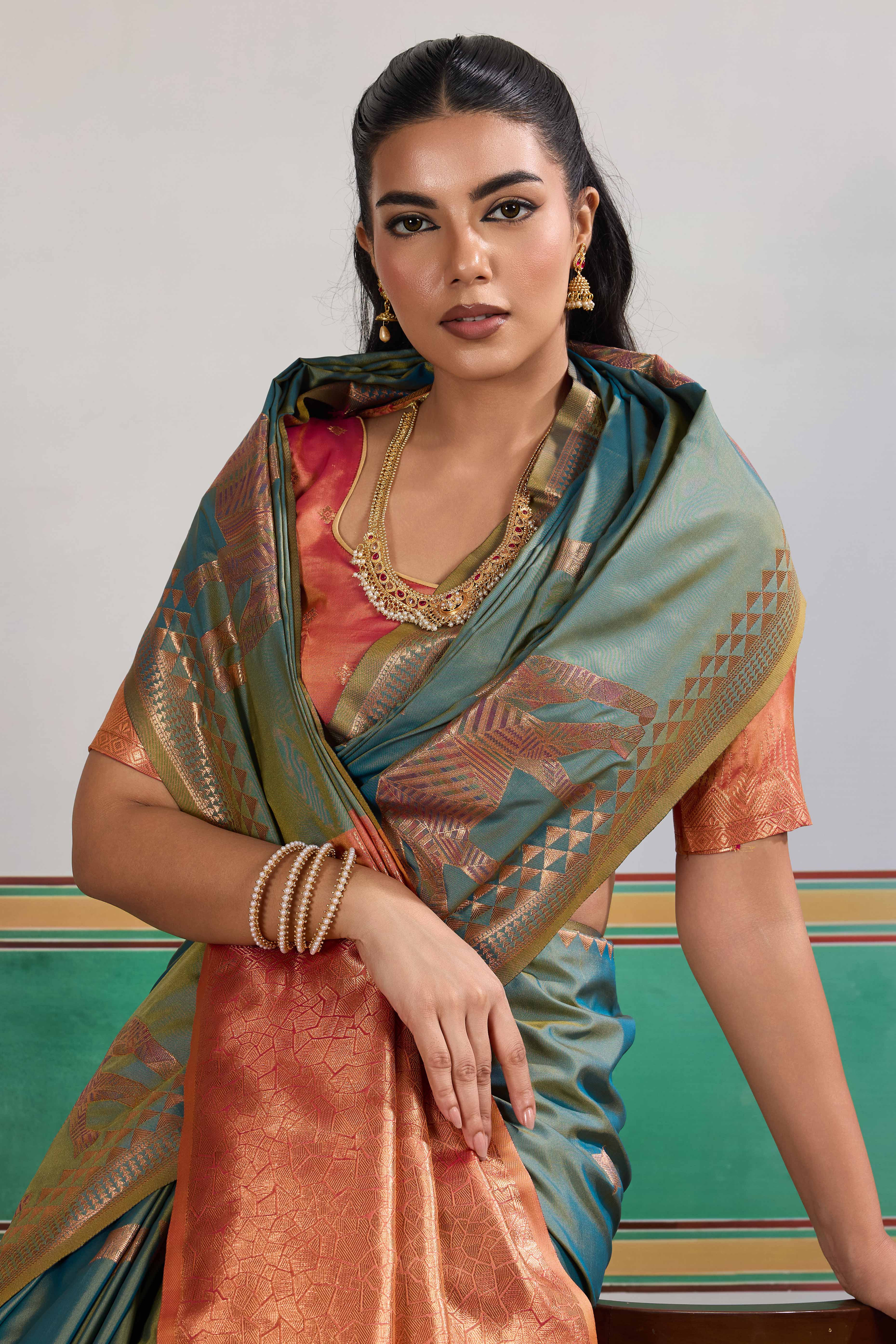 Traditional Teal Blue Pure Silk Saree Featuring Elephant Motif Zari Weaving & Tassel Pallu