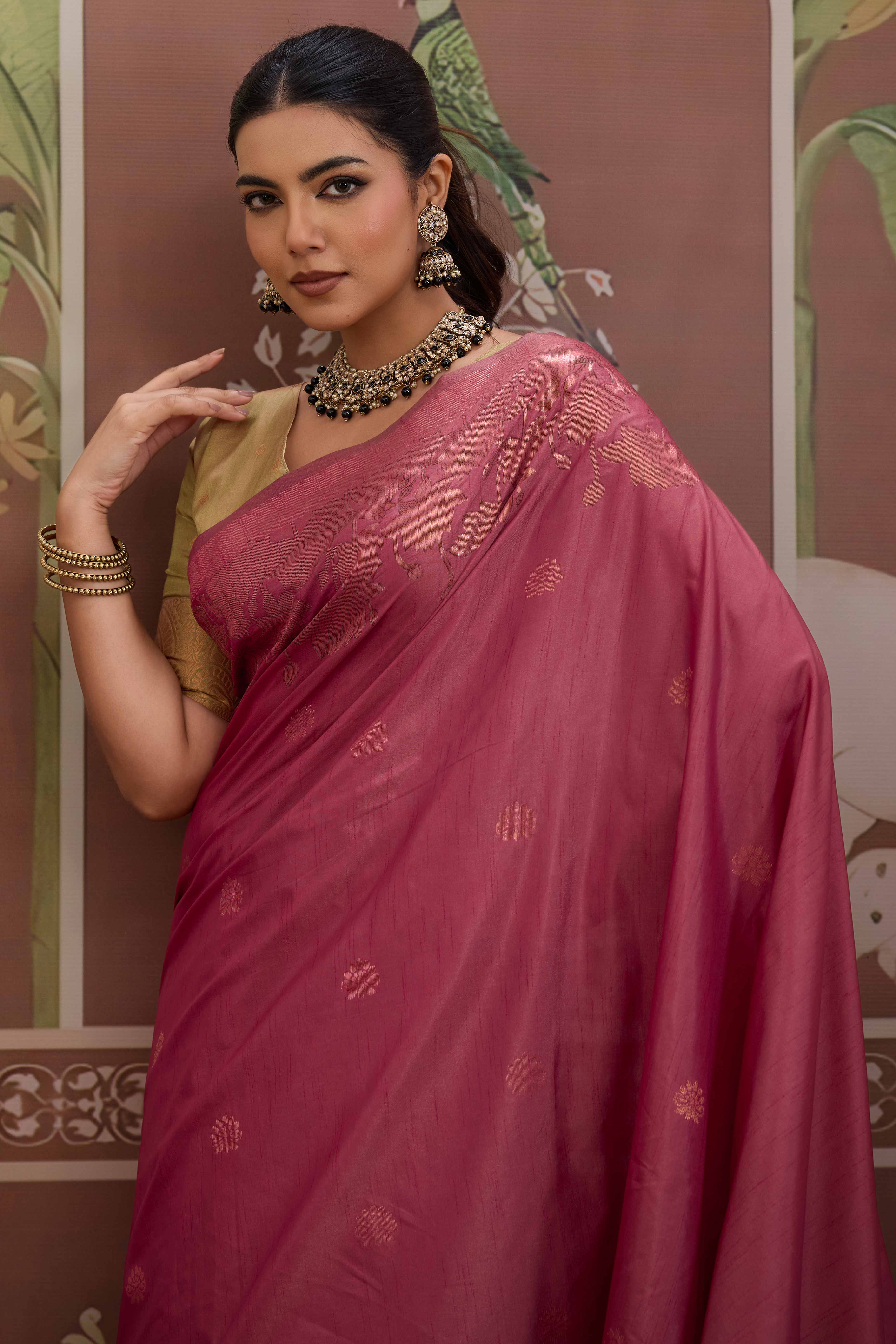 Luxury Pink Pichwai Style Saree in Silk Blend with Intricate Zari Work