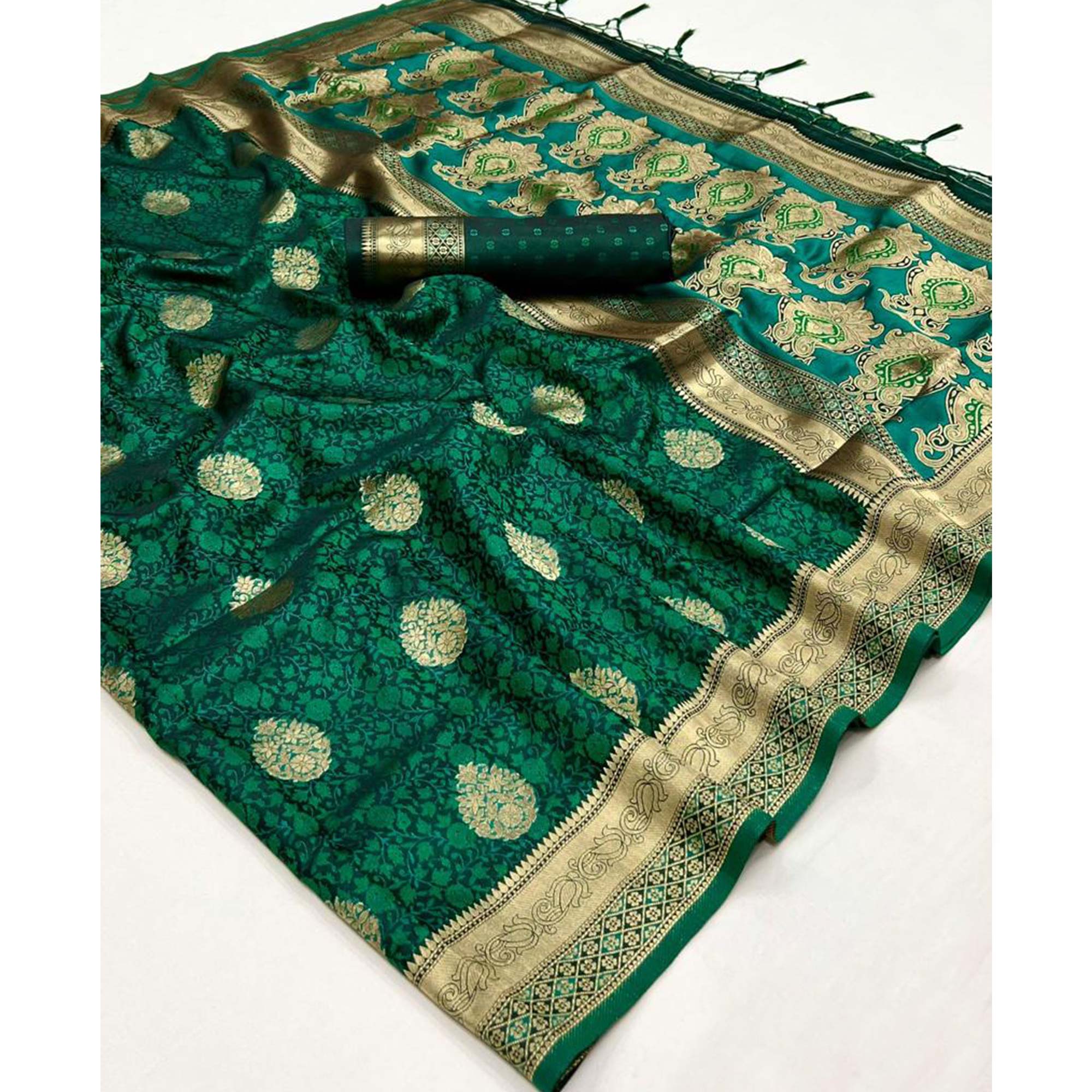 Green Floral Woven Satin Saree With Tassels