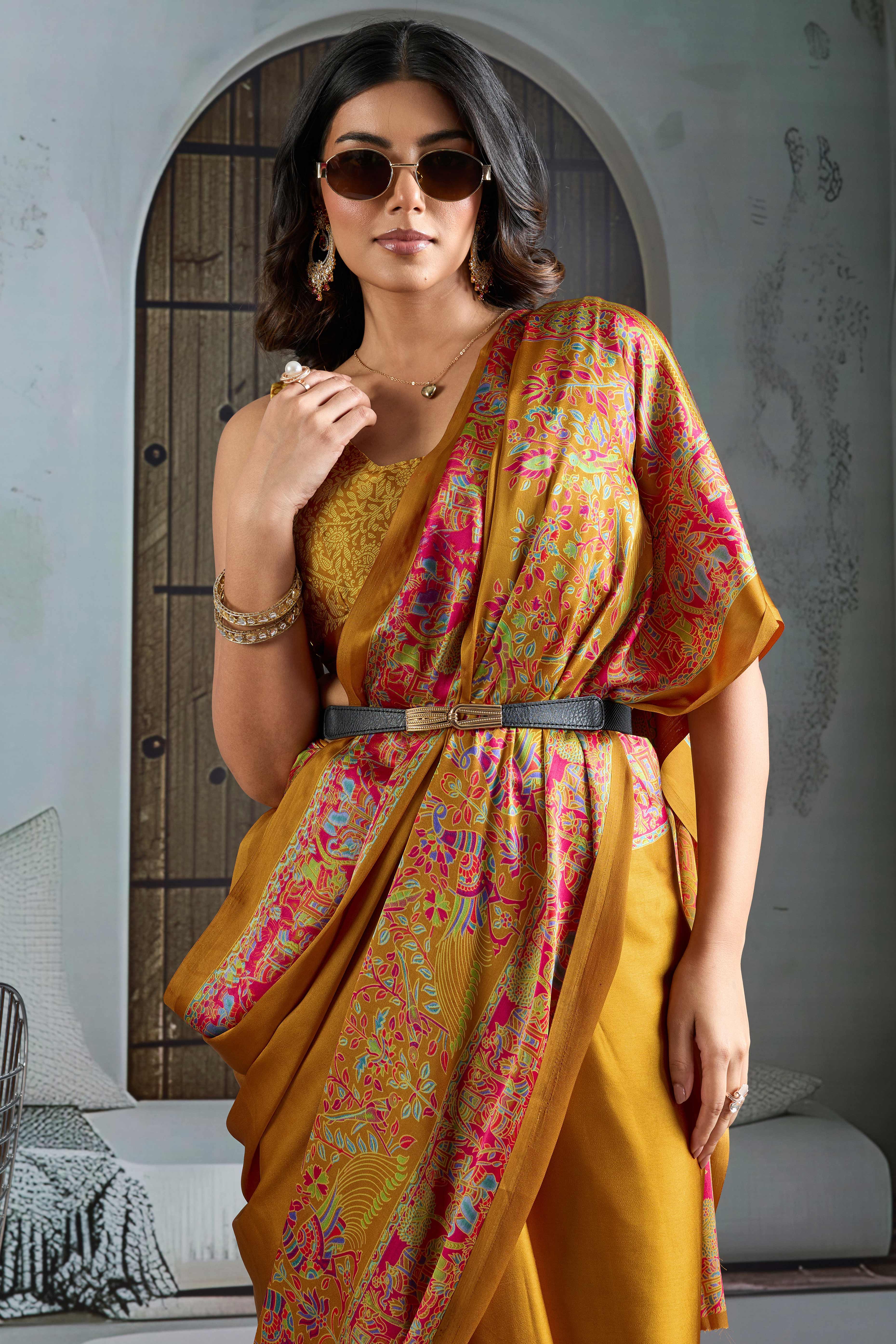 Classic Mustard Solid Modal Satin Saree With Multicolor Traditional Folk Art Printed Border & Pallu