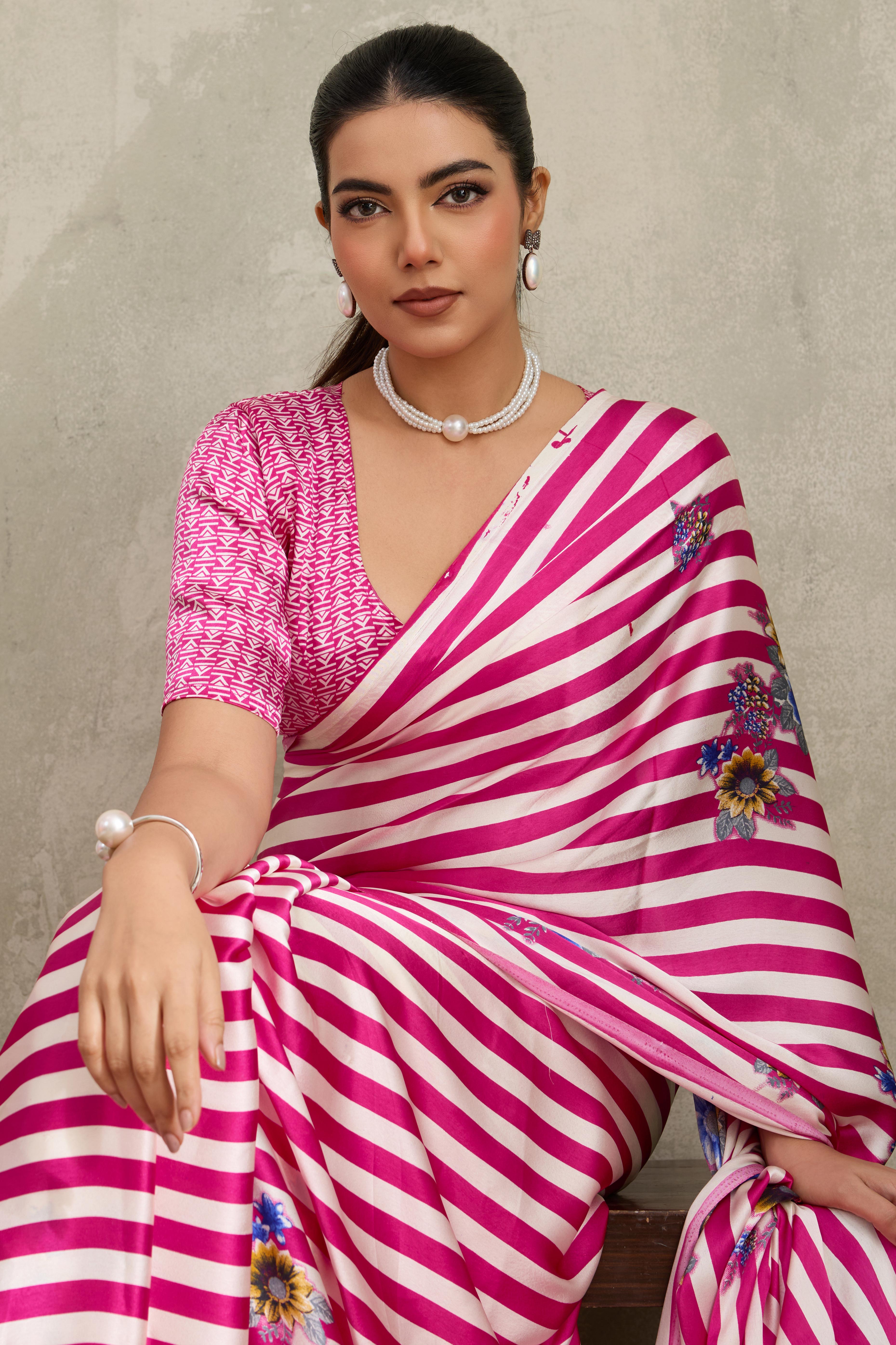 Pink Elegant Ajrakh Printed Modal Satin Saree Designed for Festive & Party Occasions