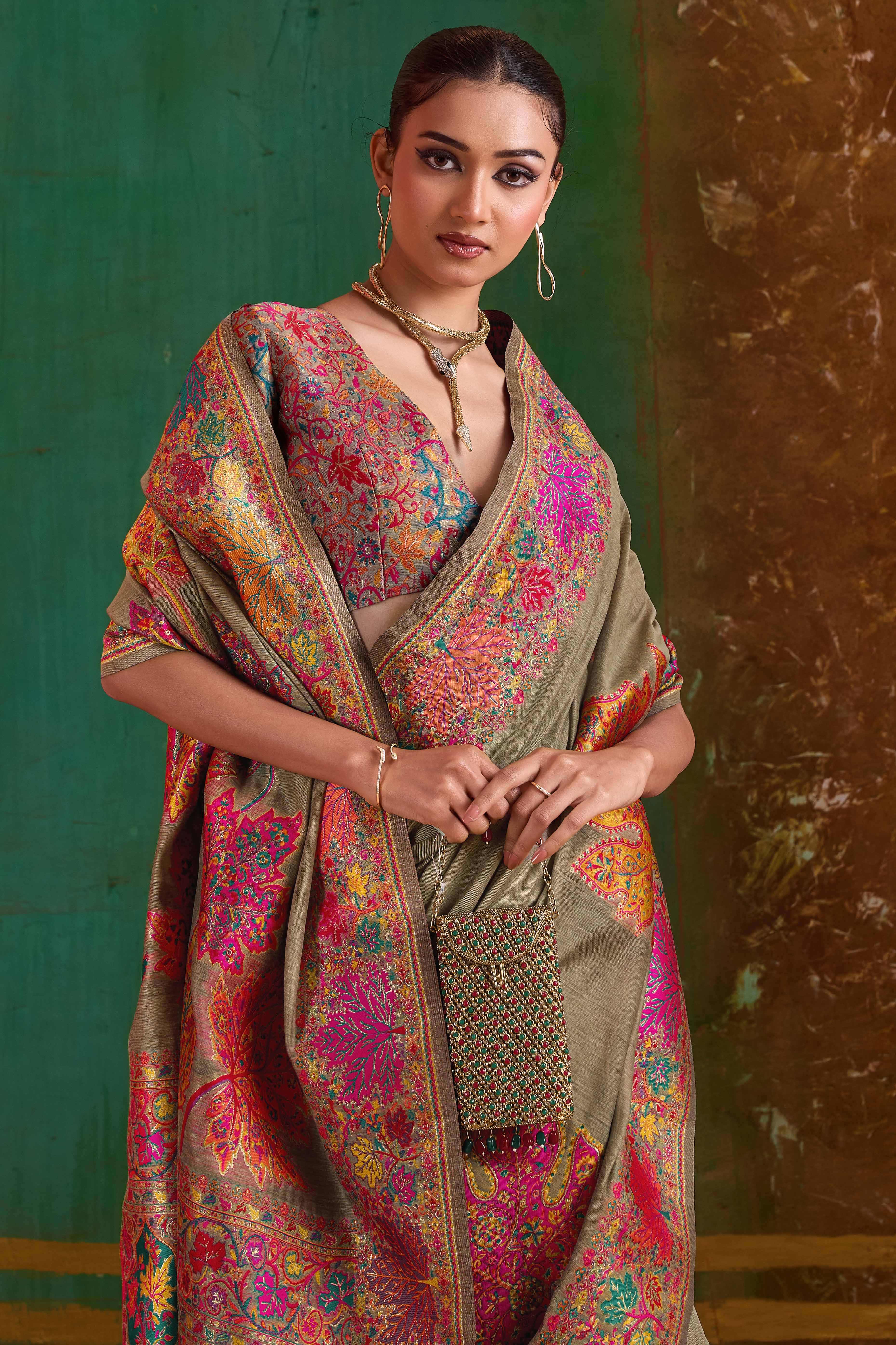 Luxurious Dark Chikoo Leaf Motif Pashmina Weaving Modal Cotton Blend Saree With Refined Appeal