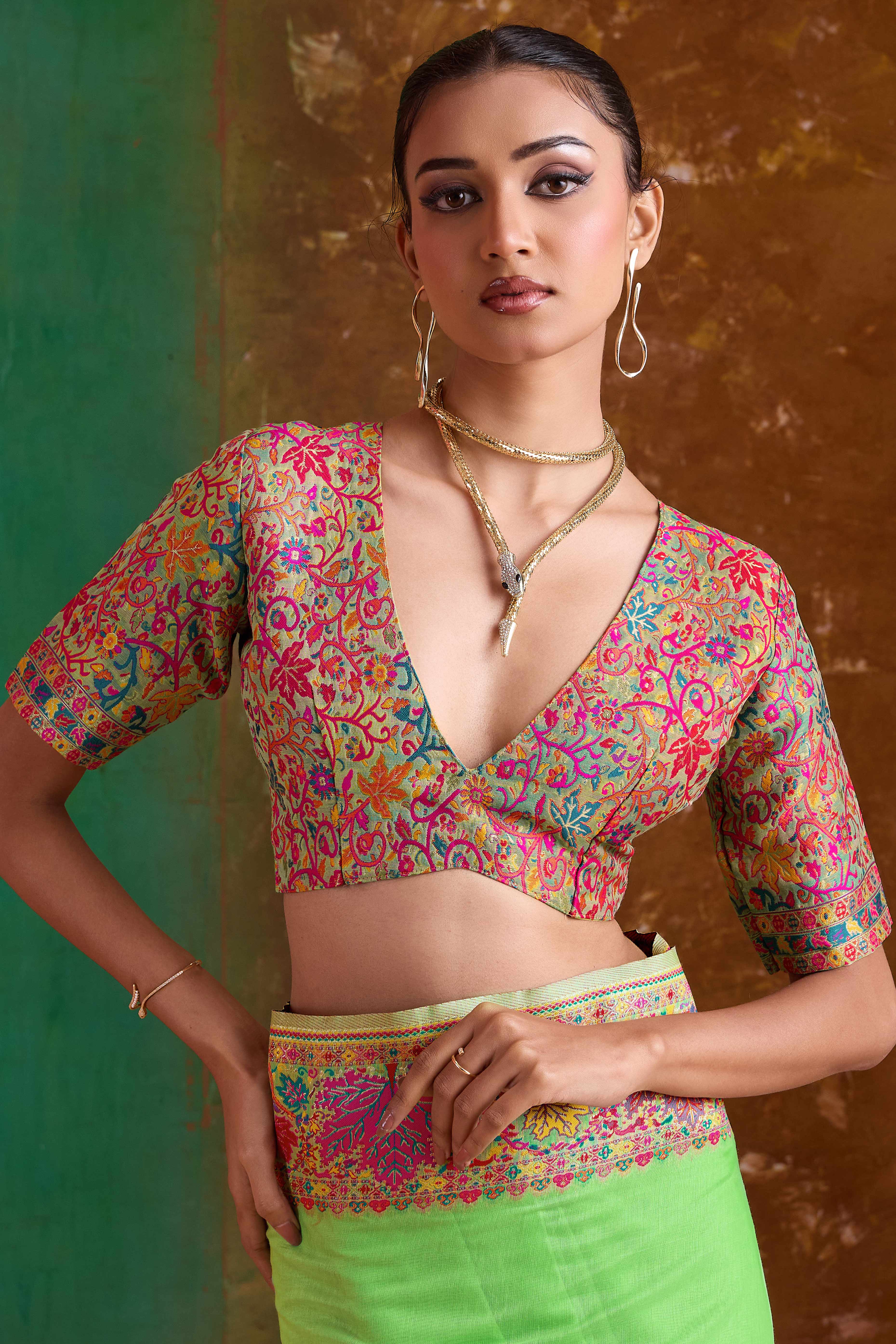 Luxurious Green Leaf Motif Pashmina Weaving Modal Cotton Blend Saree With Refined Appeal