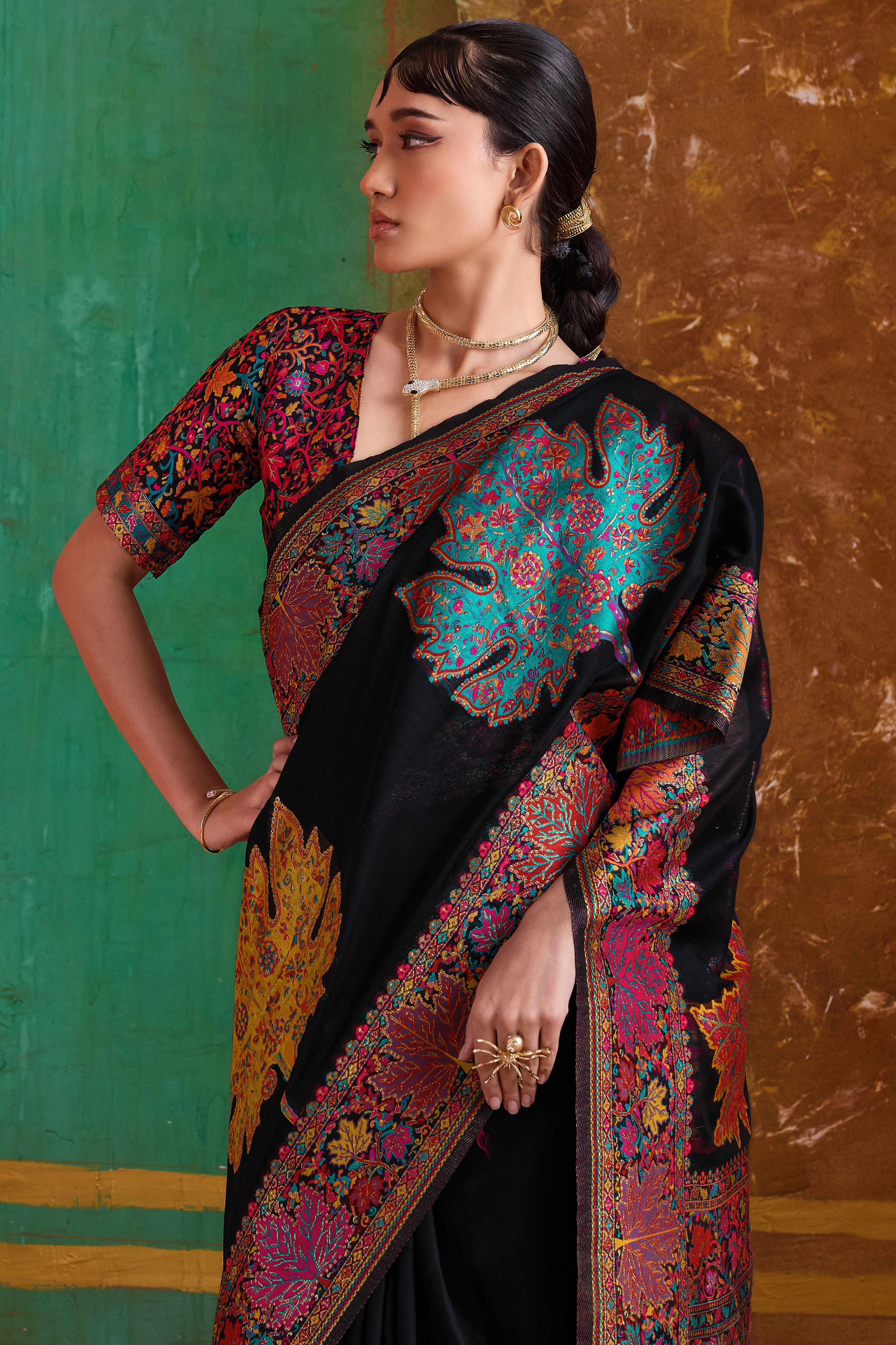 Luxurious Black Leaf Motif Pashmina Weaving Modal Cotton Blend Saree With Refined Appeal