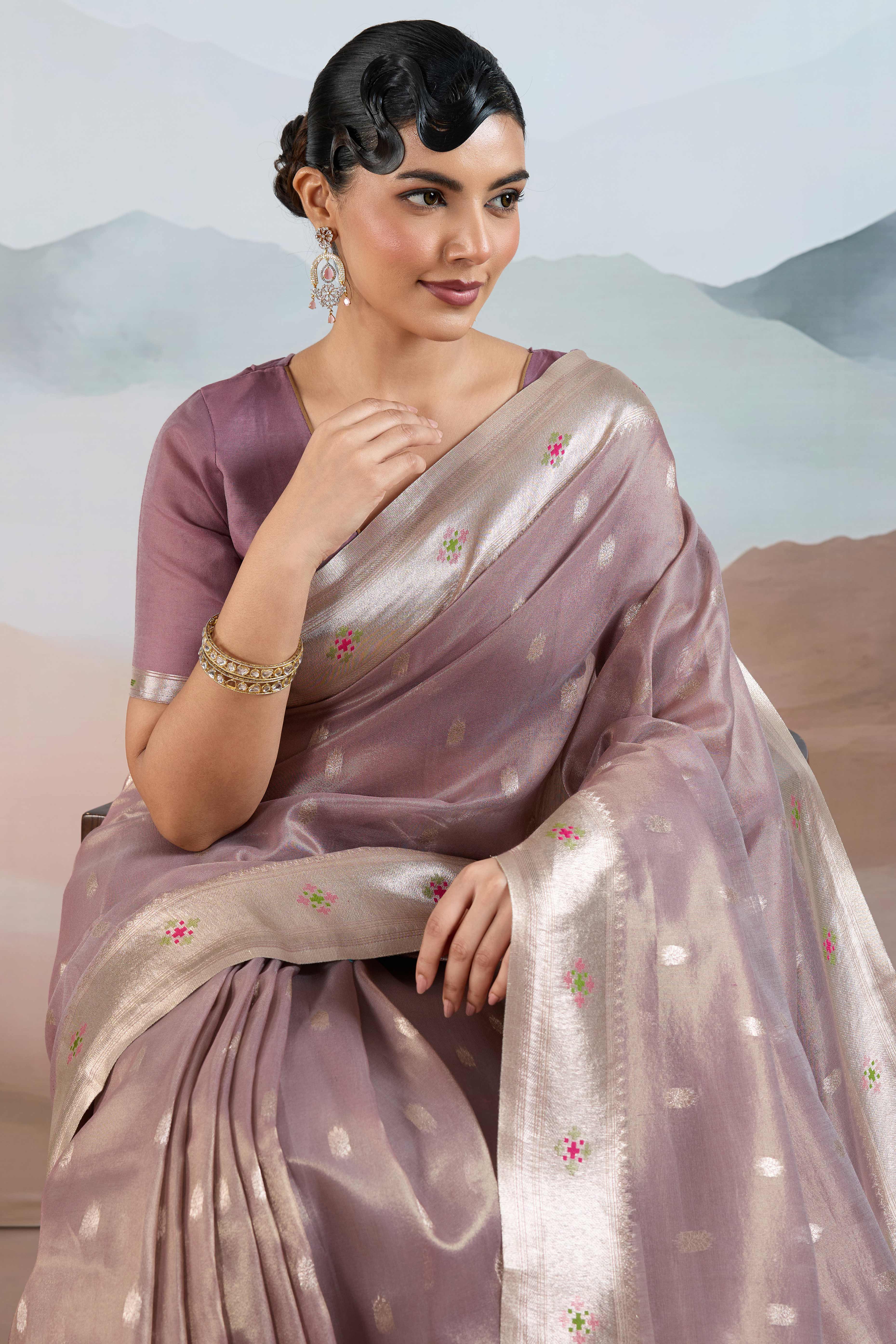 Mauve Festive Tissue Saree Crafted with Artistic Zari Butti Weaving and a Featherlight Texture
