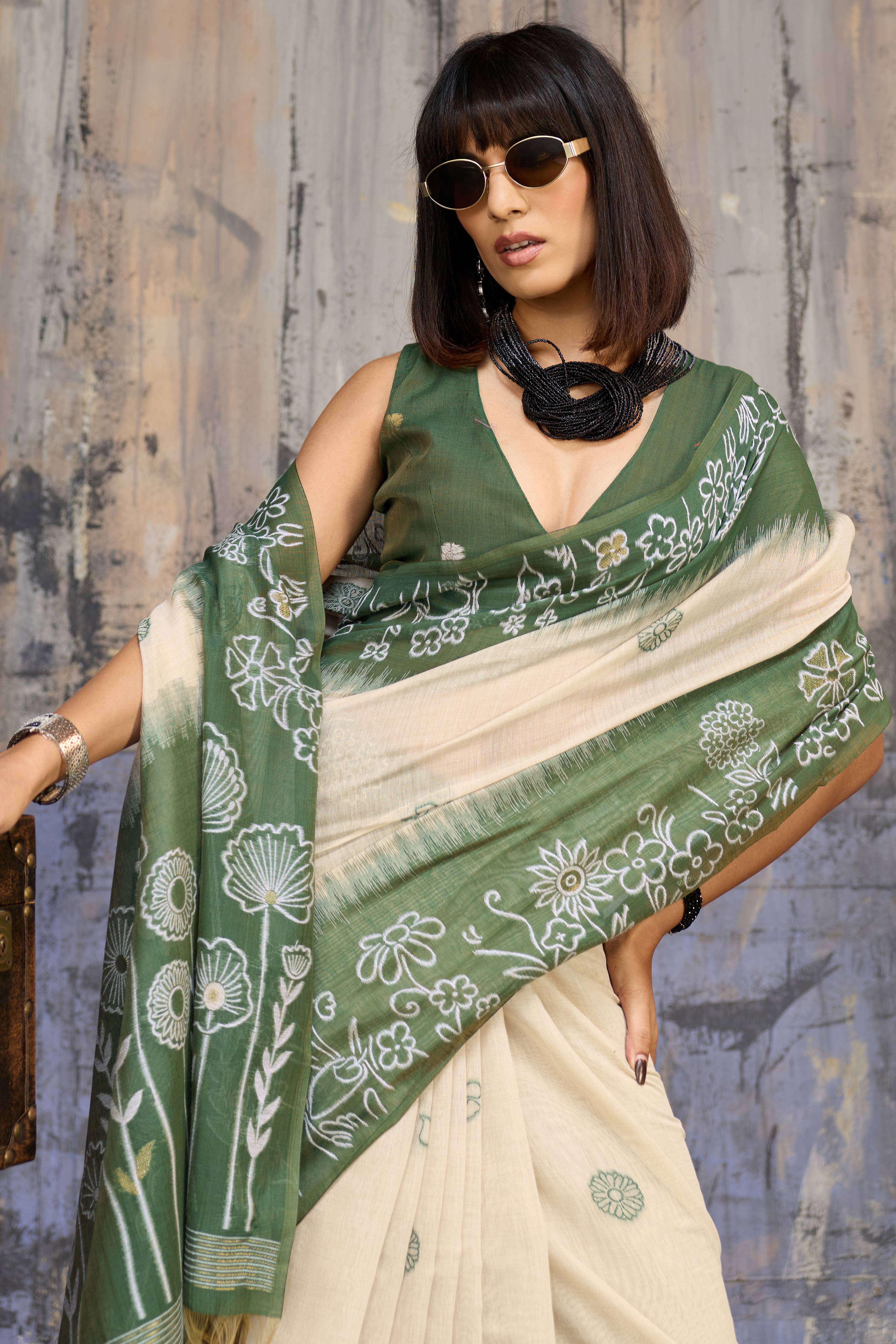 Beige & Green Classic Munga Cotton Blend Saree with Intricate Floral Woven Detailing