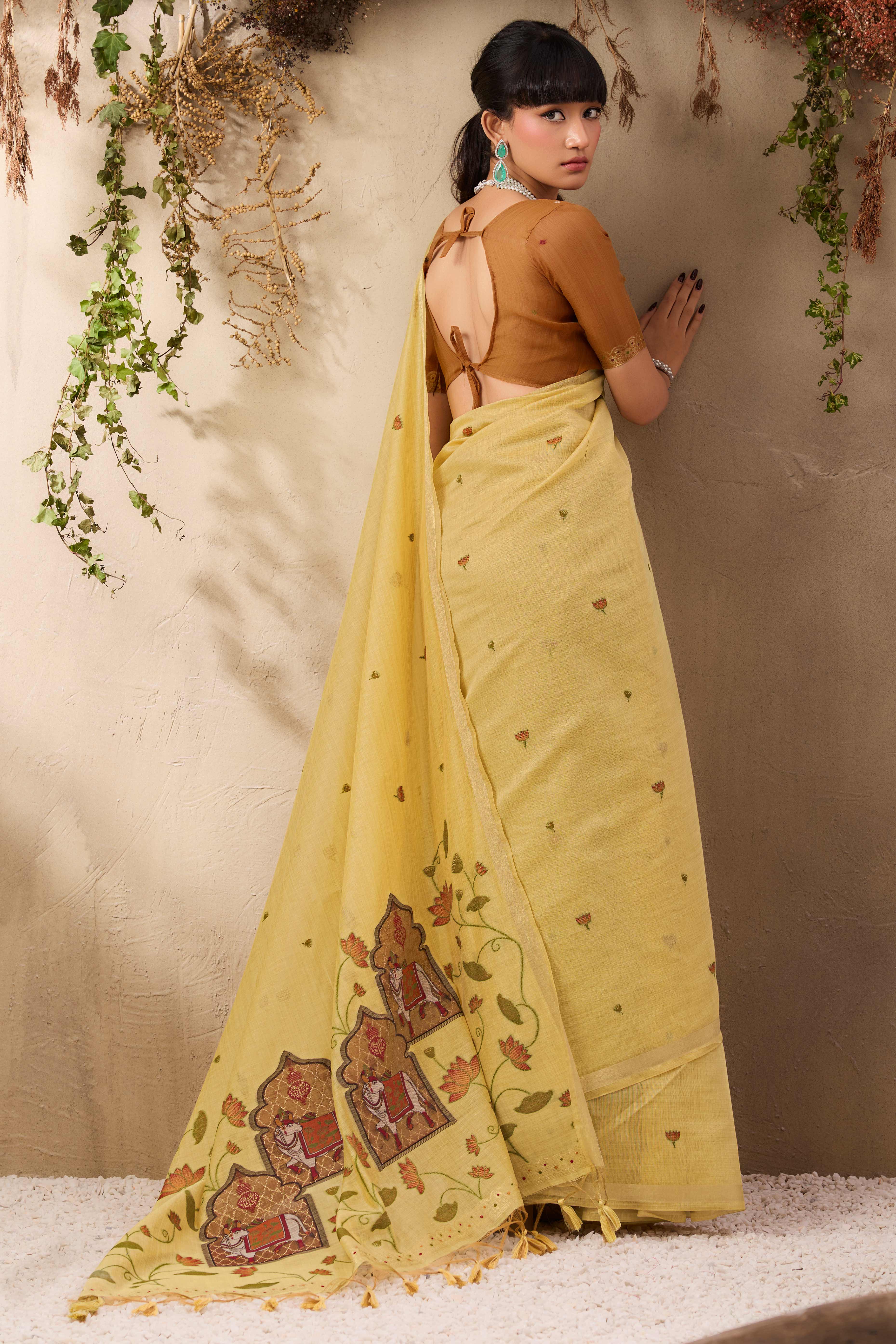 Yellow Lightweight Handloom Munga Cotton Blend Saree Accented with Floral Woven Motifs