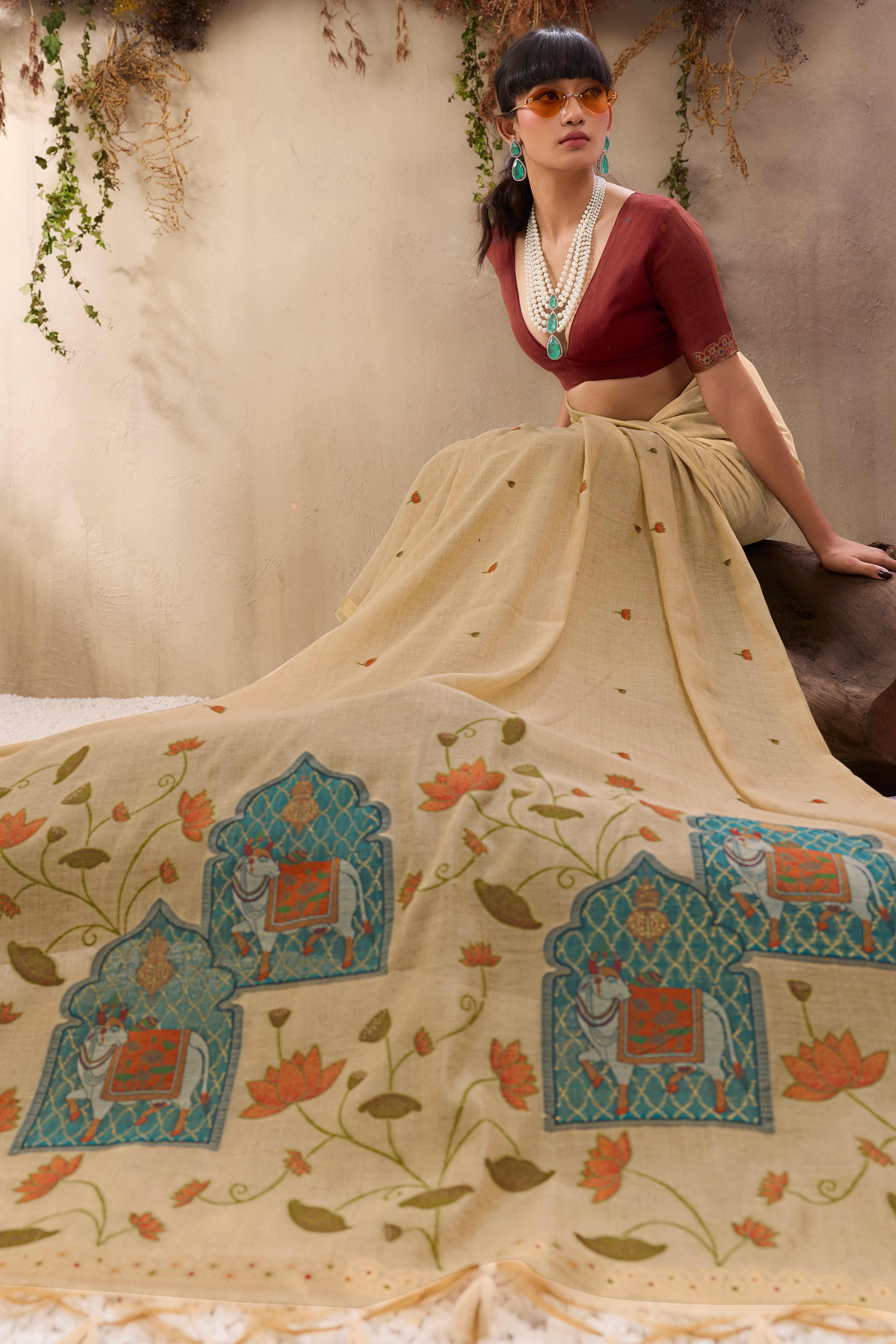 Beige Lightweight Handloom Munga Cotton Blend Saree Accented with Floral Woven Motifs