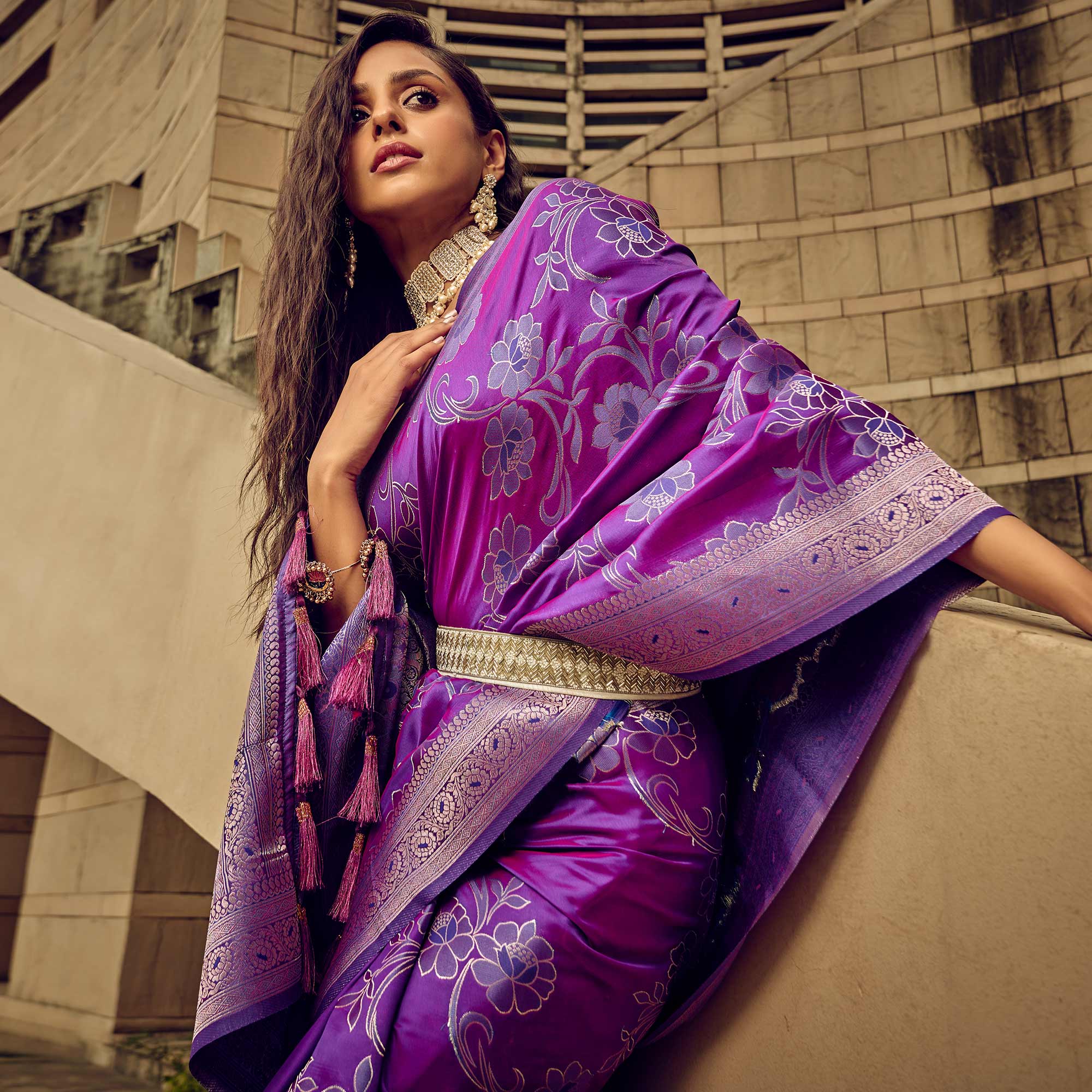 Purple Floral Woven Satin Saree With Tassels