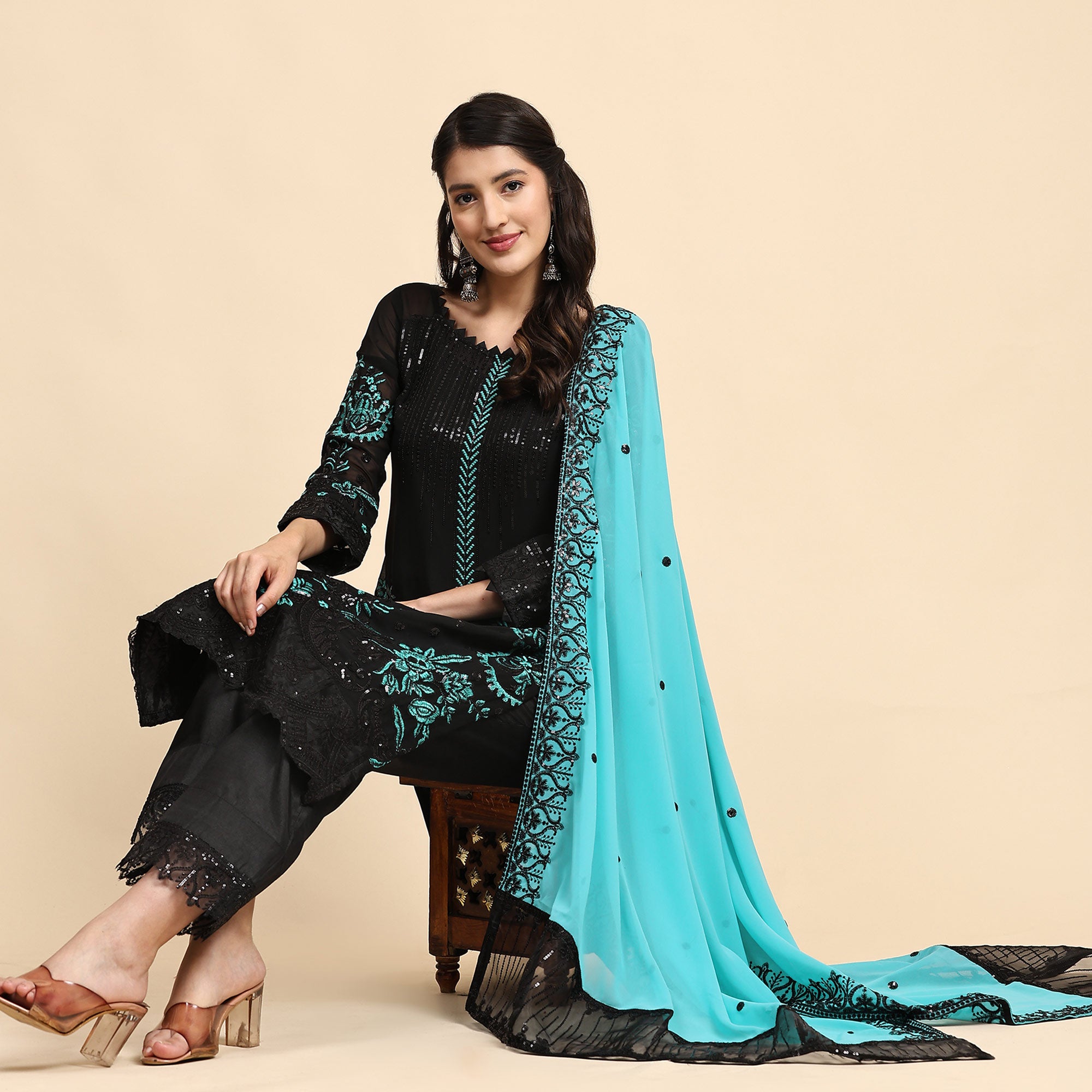 Black & Blue Floral Embroidered Georgette Semi Stitched Pakistani Suit