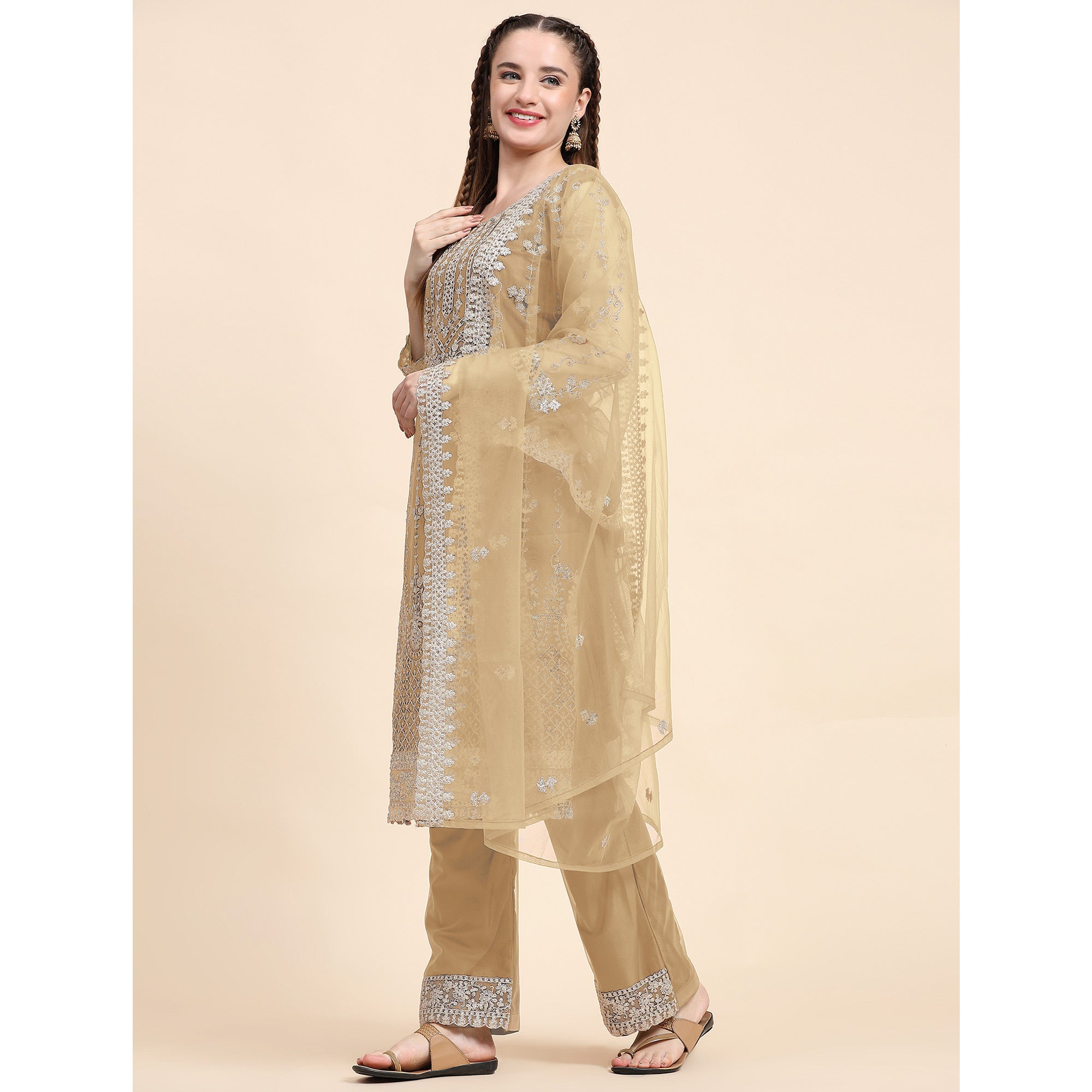 Beige Sequins Embroidered Net Semi Stitched Pakistani Suit