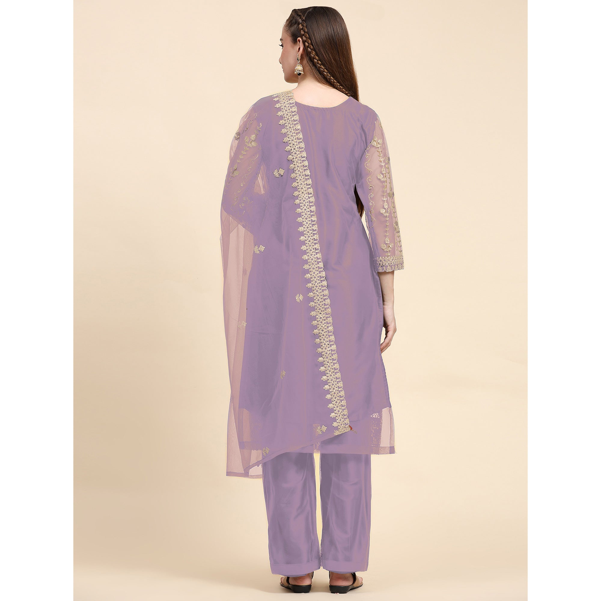Violet Sequins Embroidered Net Semi Stitched Pakistani Suit