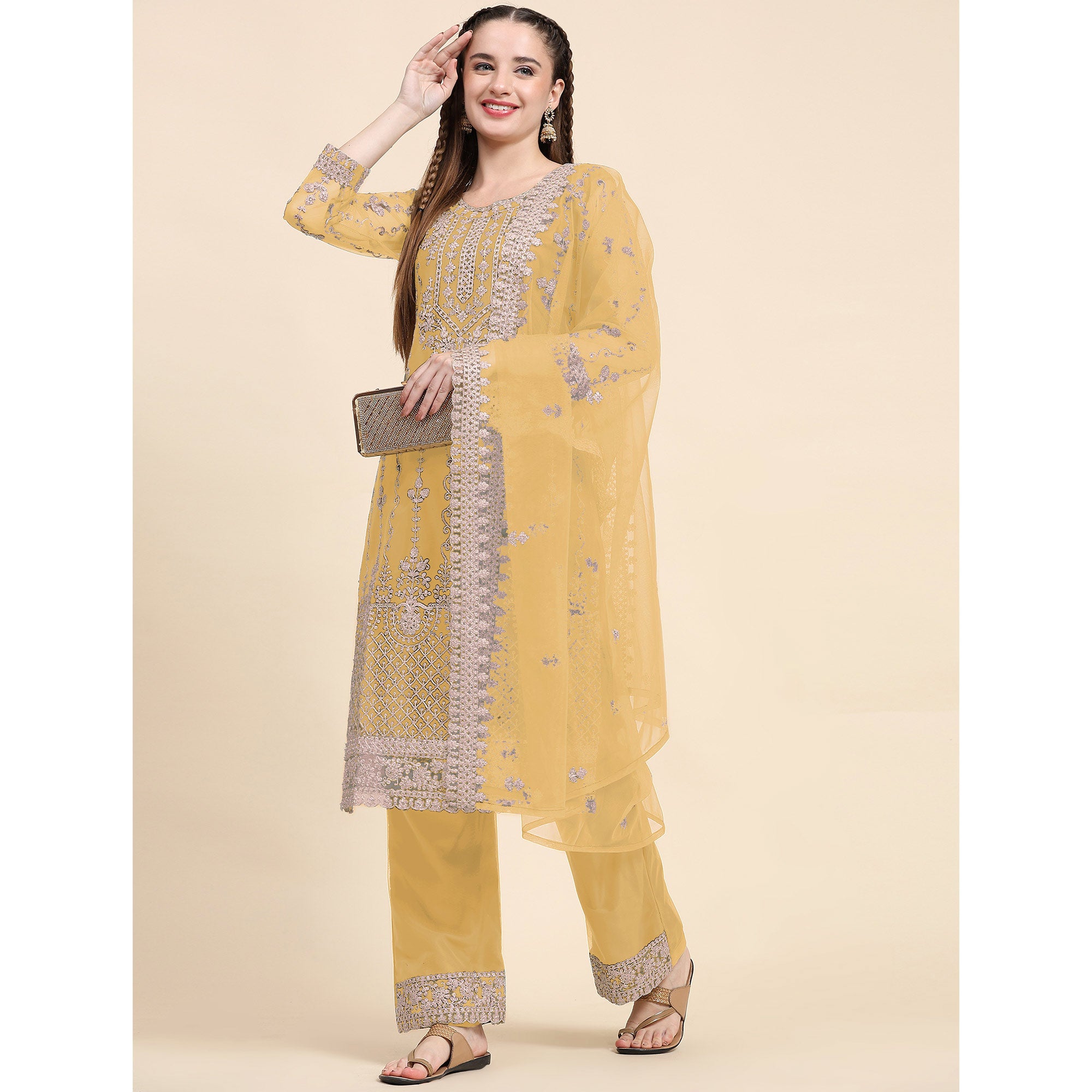 Yellow Sequins Embroidered Net Semi Stitched Pakistani Suit