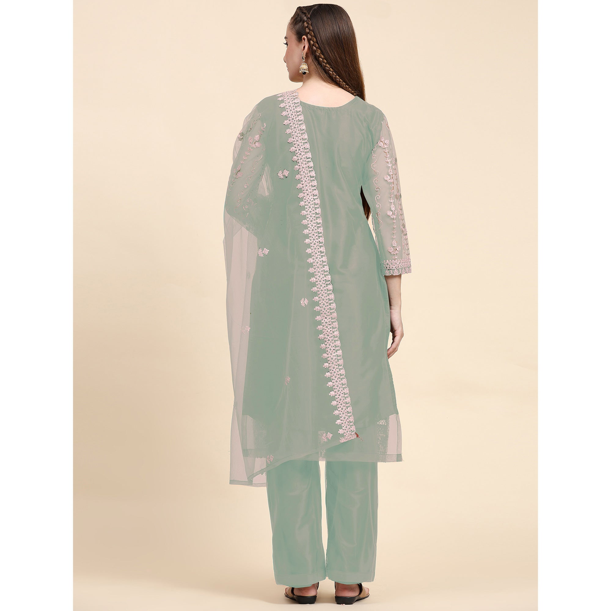Green Sequins Embroidered Net Semi Stitched Pakistani Suit