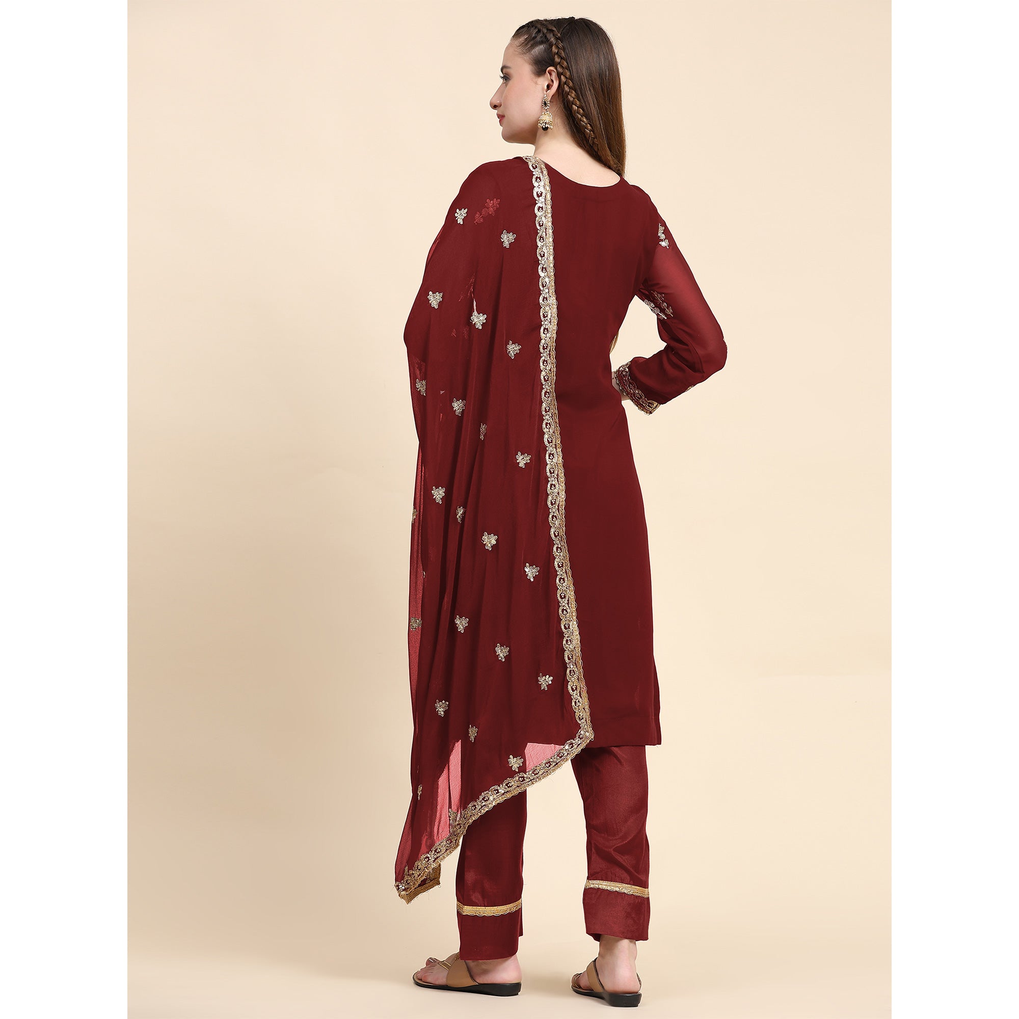 Maroon Sequins Embroidered Georgette Semi Stitched Pakistani Suit