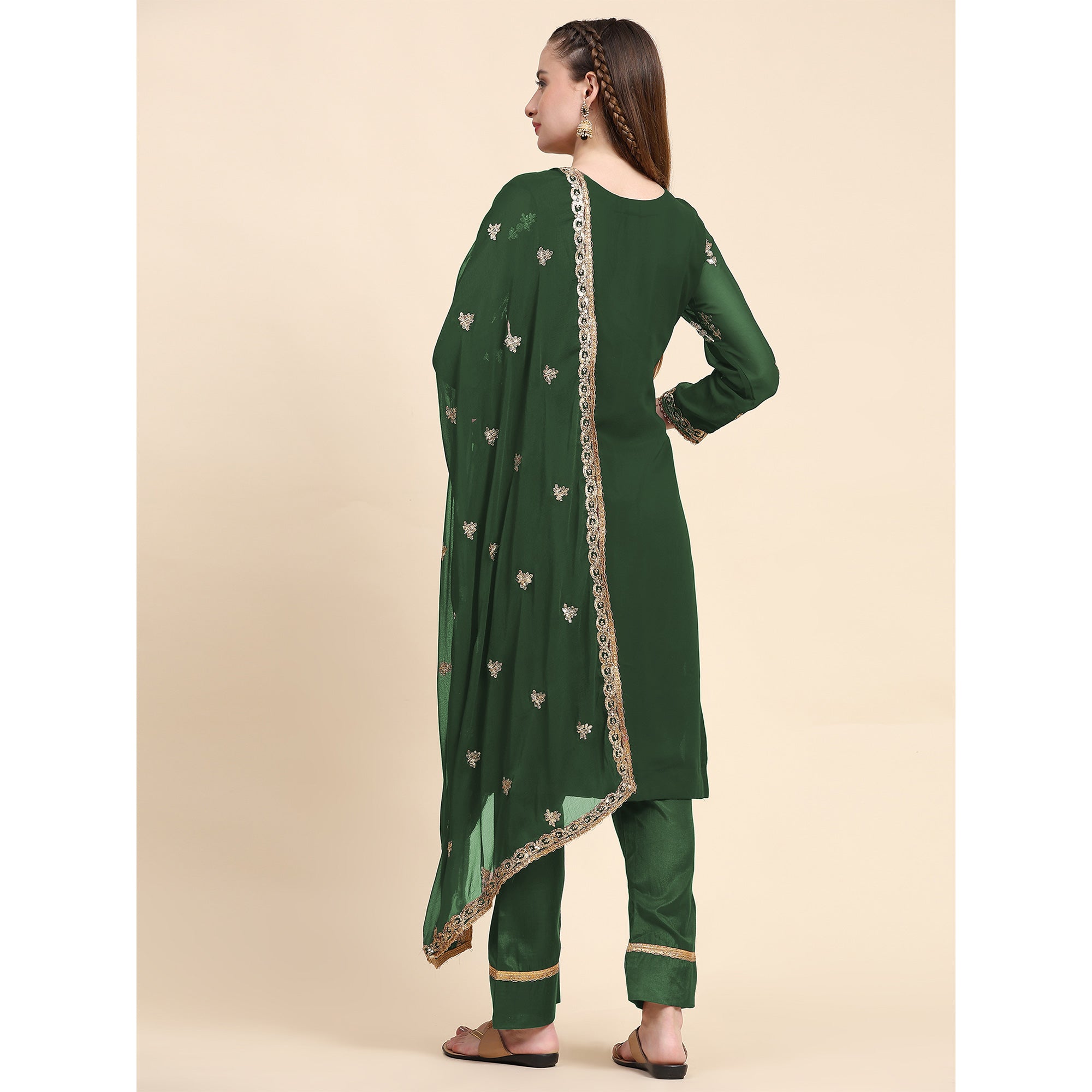 Green Sequins Embroidered Georgette Semi Stitched Pakistani Suit