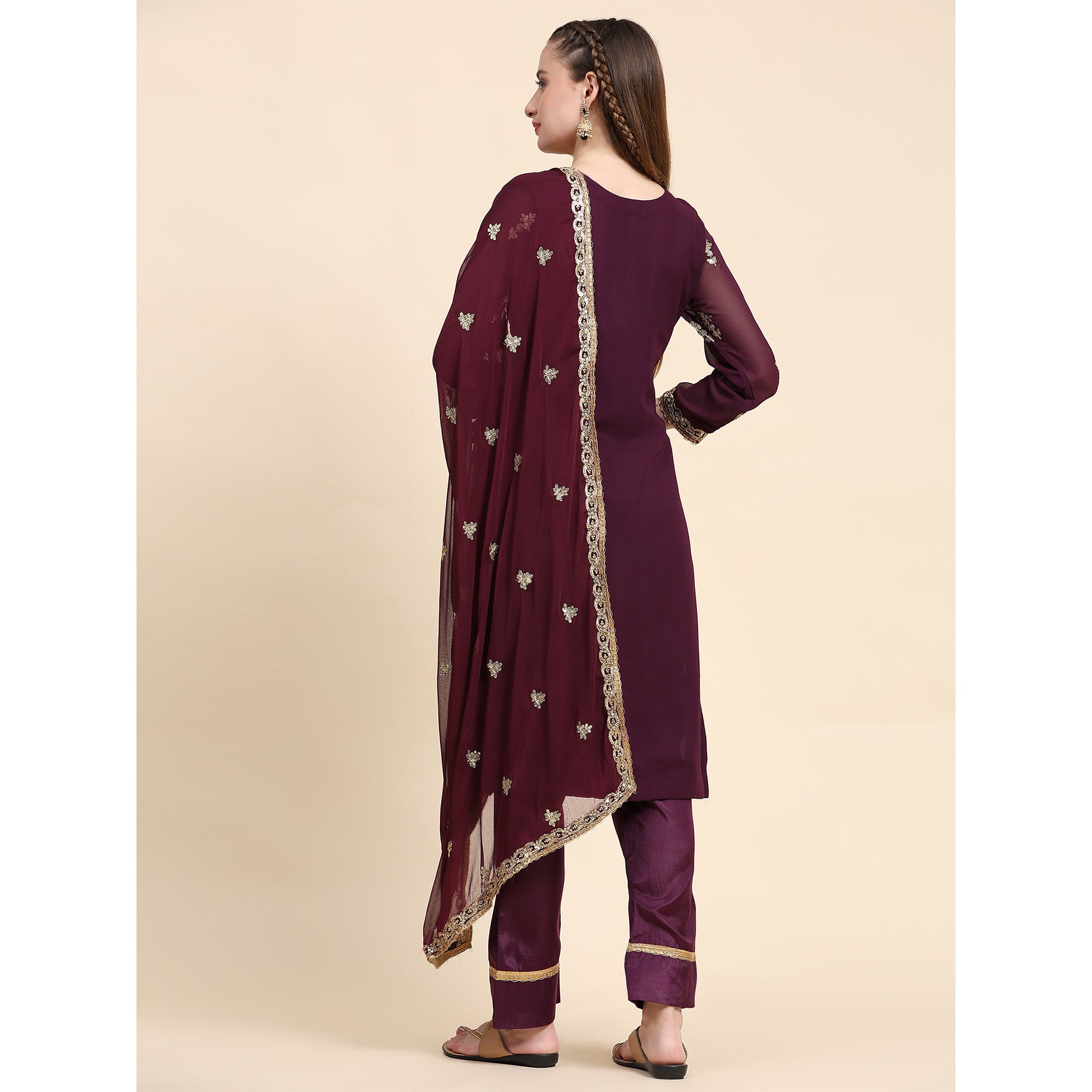 Purple Sequins Embroidered Georgette Semi Stitched Pakistani Suit