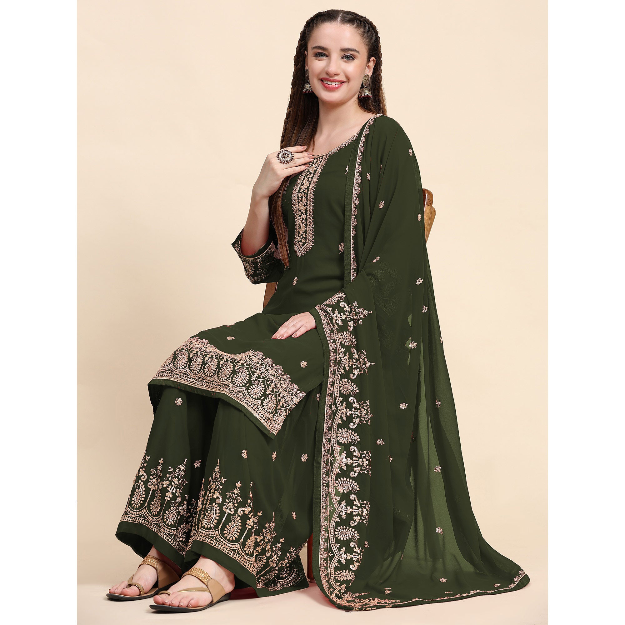 Green Floral Embroidered Georgette Semi Stitched Suit