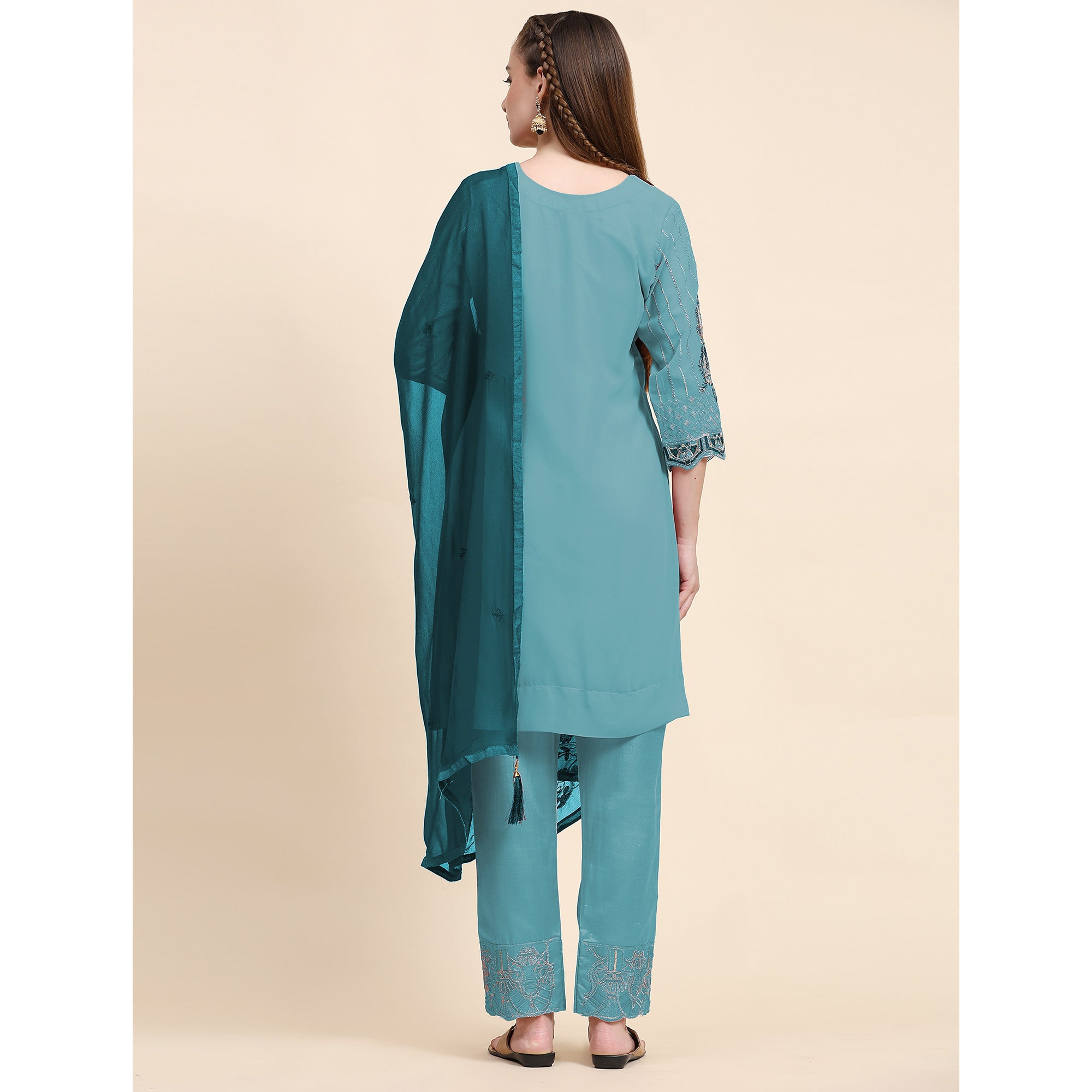 Sky Blue Floral Embroidered Georgette Semi Stitched Pakistani Suit