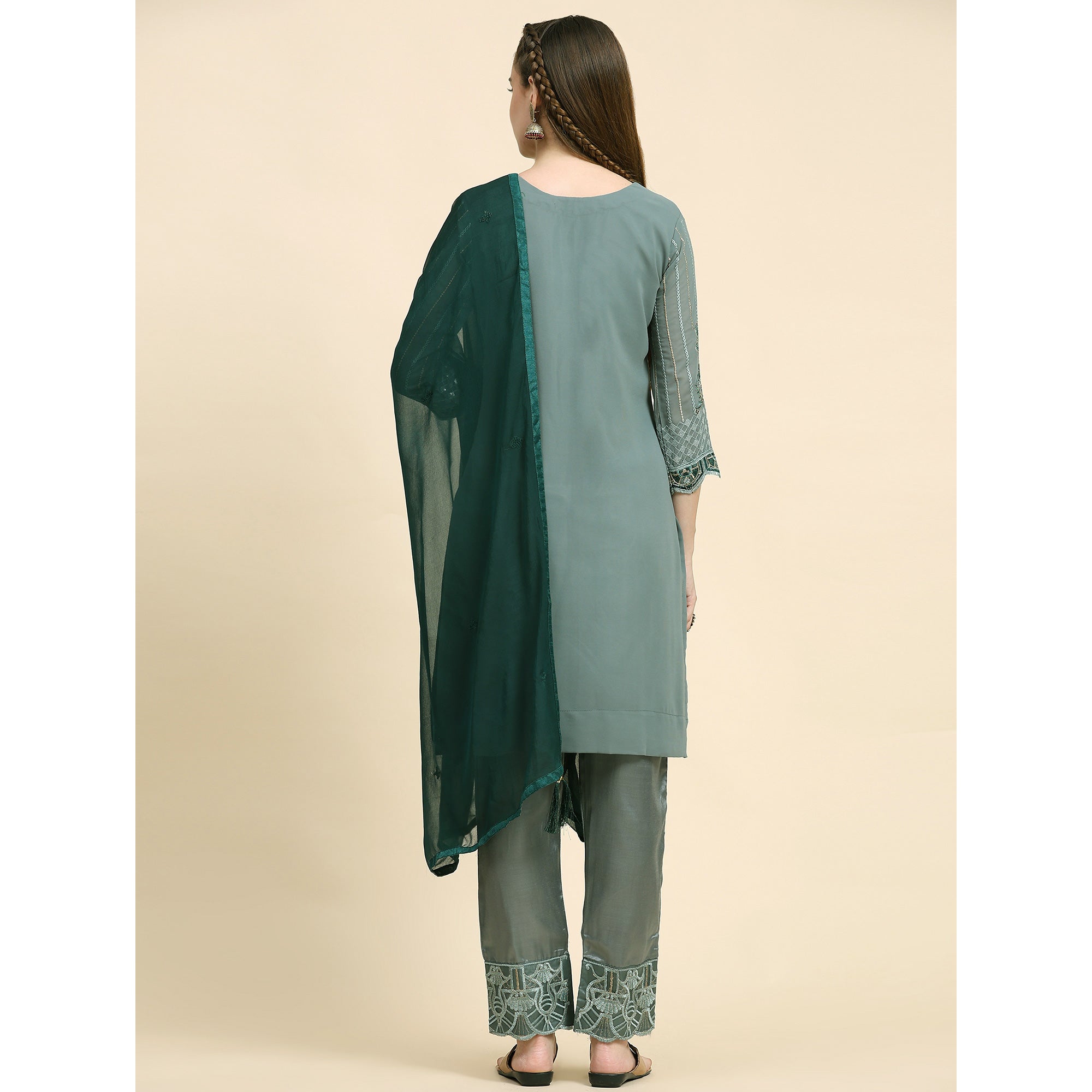 Green Floral Embroidered Georgette Semi Stitched Pakistani Suit
