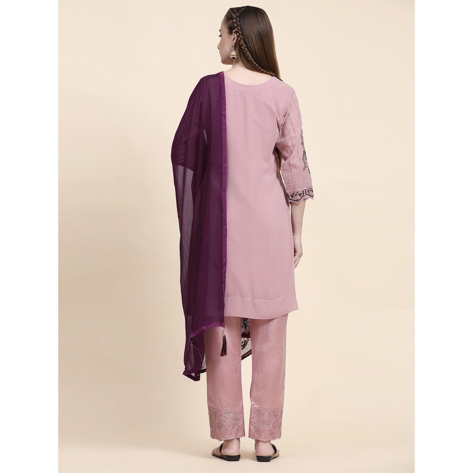 Pink Floral Embroidered Georgette Semi Stitched Pakistani Suit