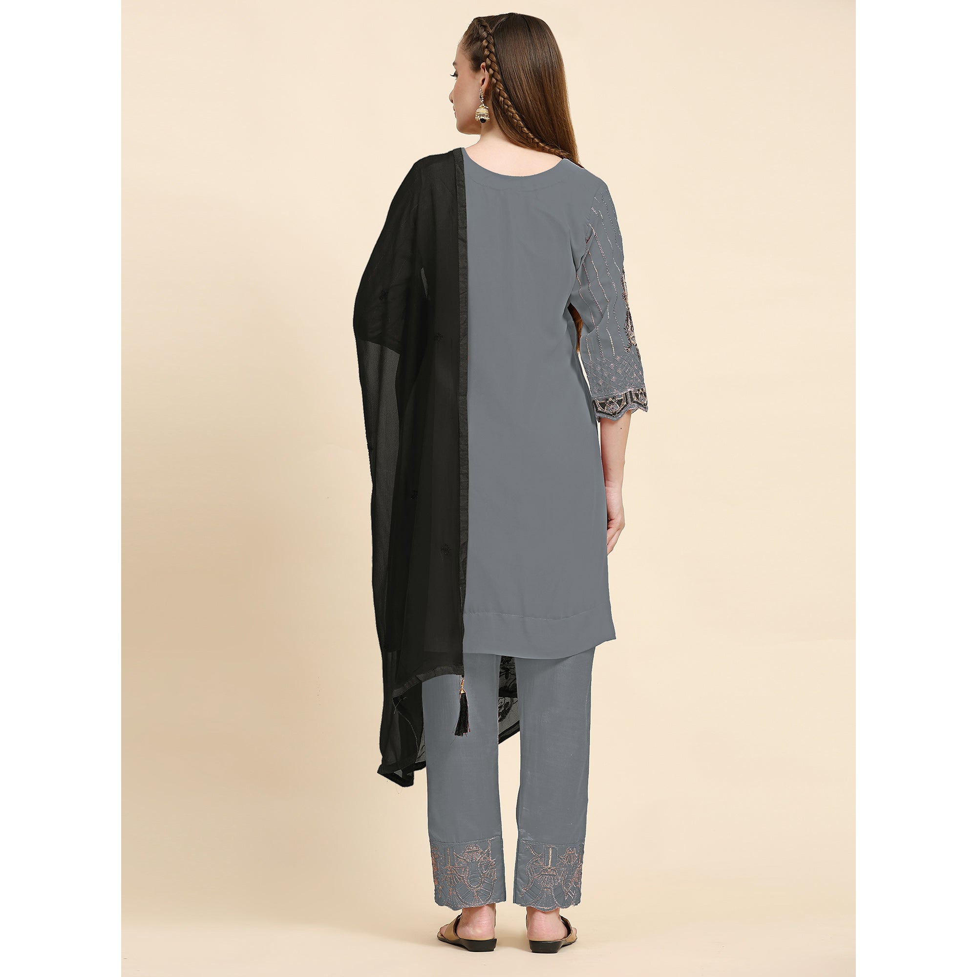 Grey Floral Embroidered Georgette Semi Stitched Pakistani Suit