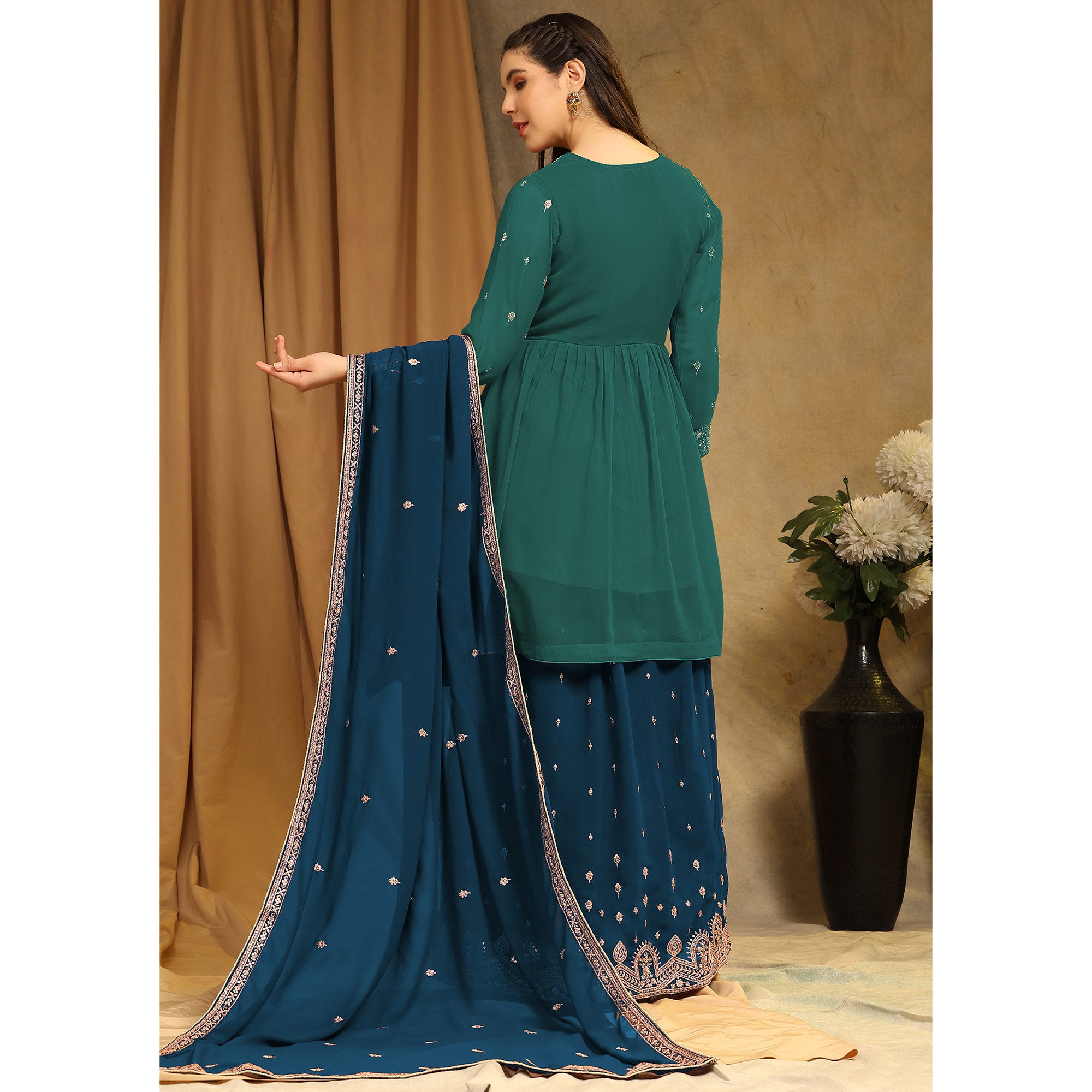 Teal Green Floral Embroidered Georgette Semi Stitched Sharara Suit