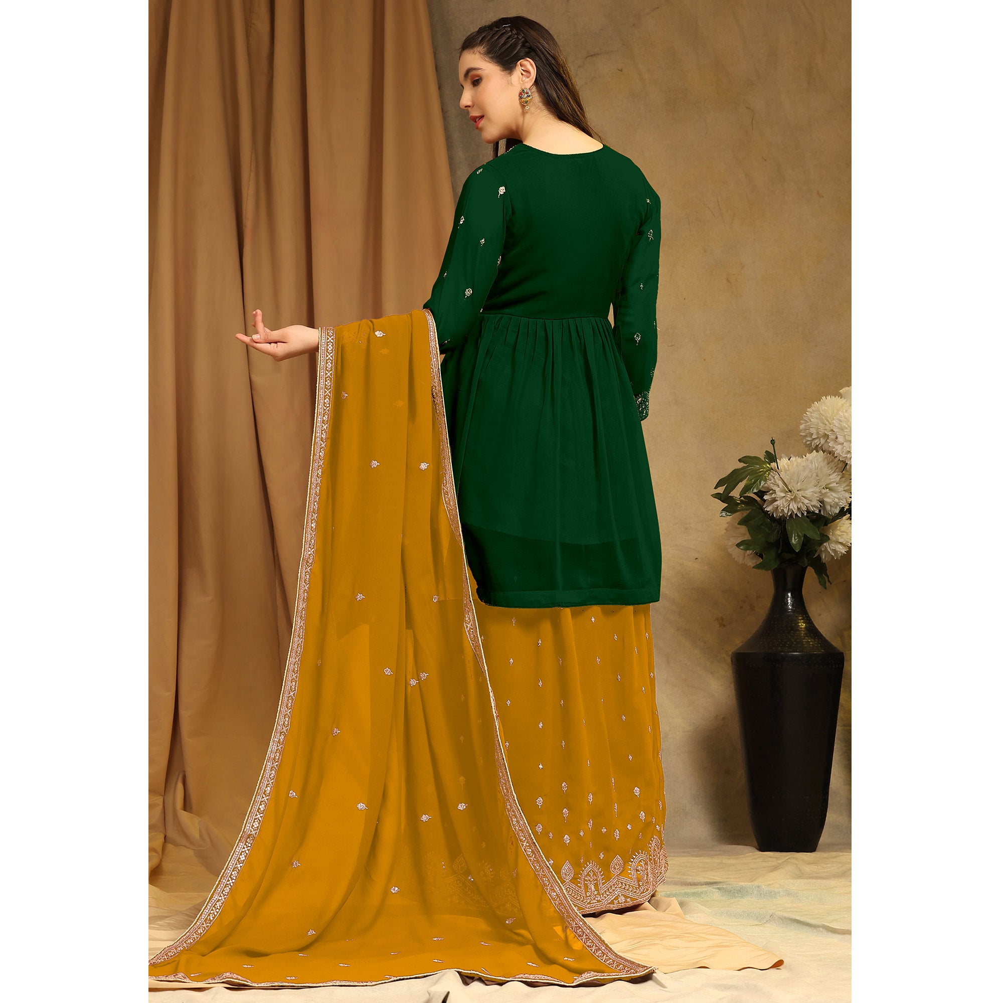 Green Floral Embroidered Georgette Semi Stitched Sharara Suit