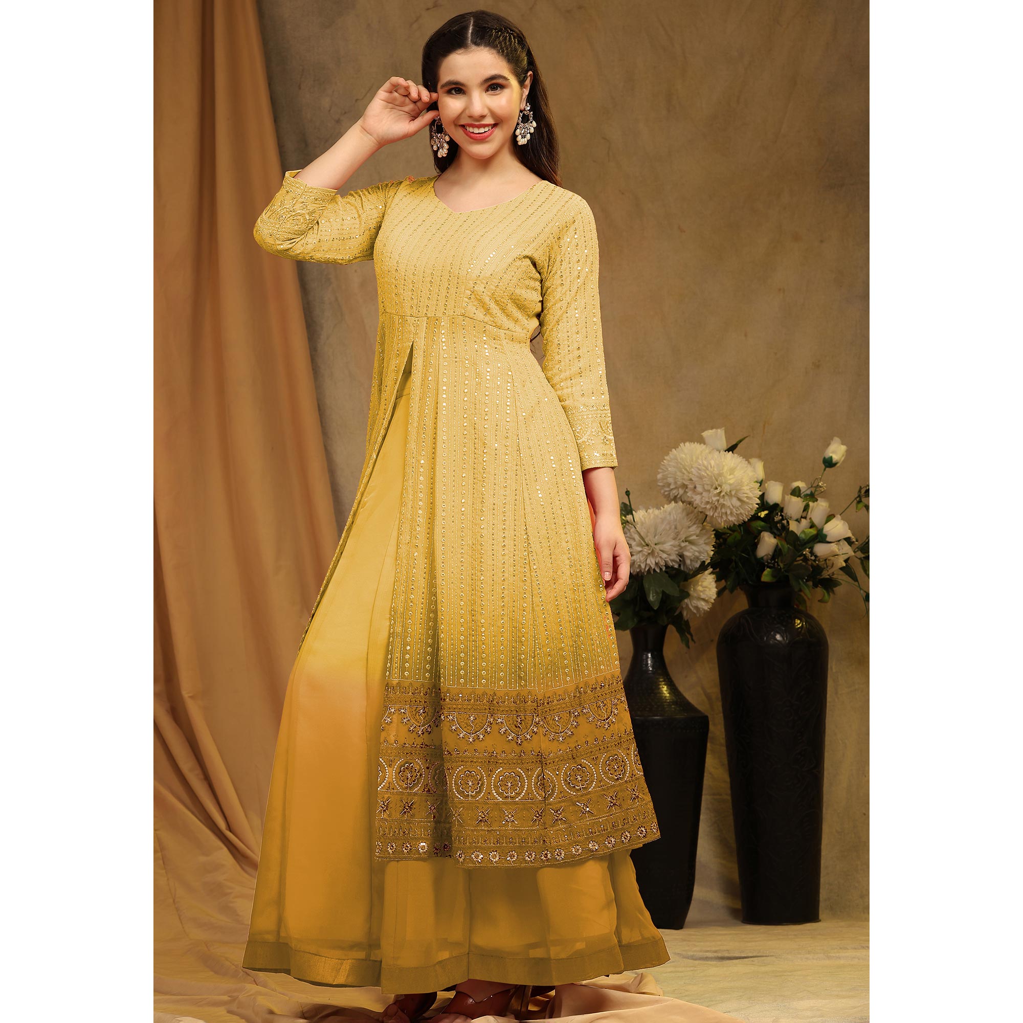 Yellow Sequins Embroidered Georgette Semi Stitched Sharara Suit