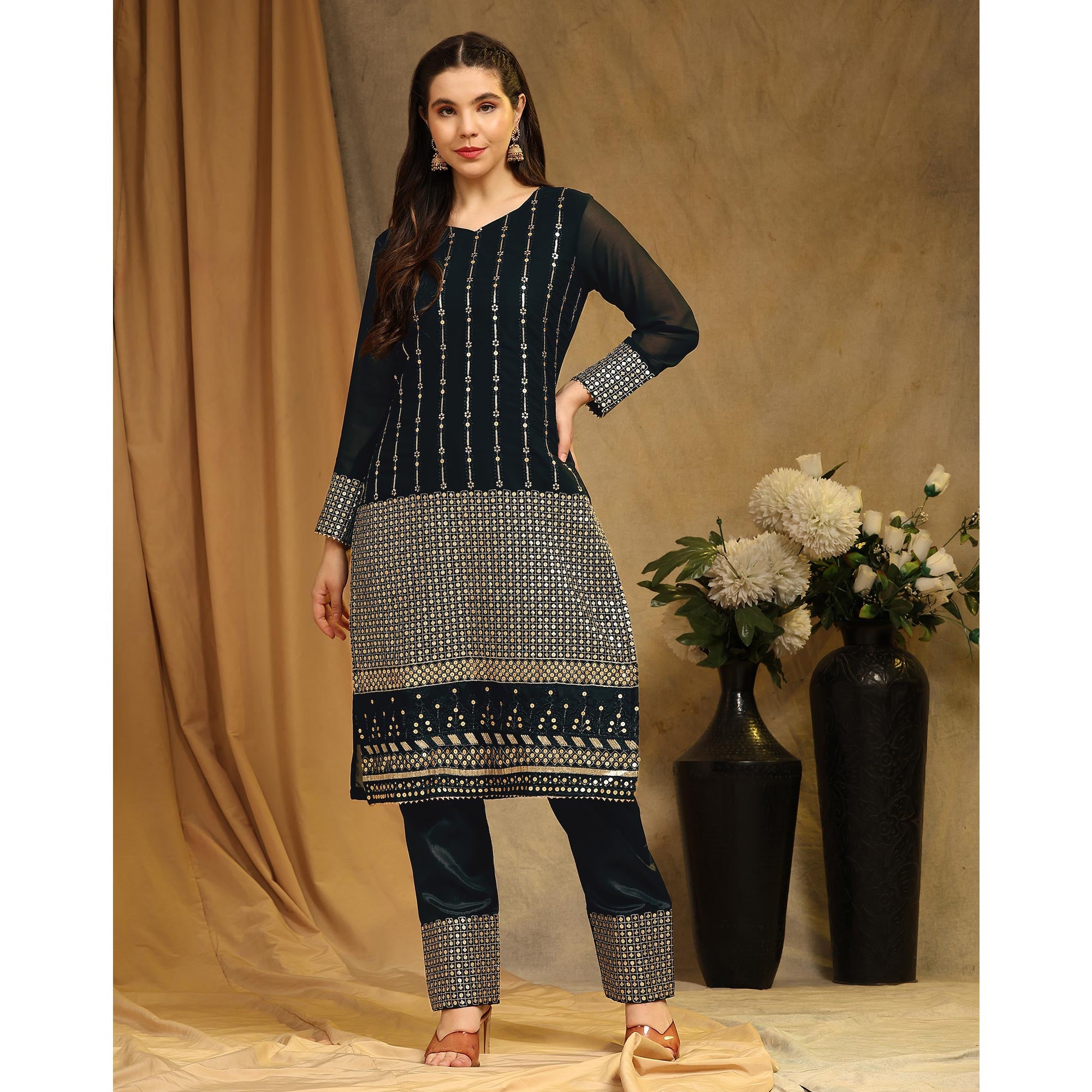 Black Sequins Embroidered Georgette Semi Stitched Salwar Suit