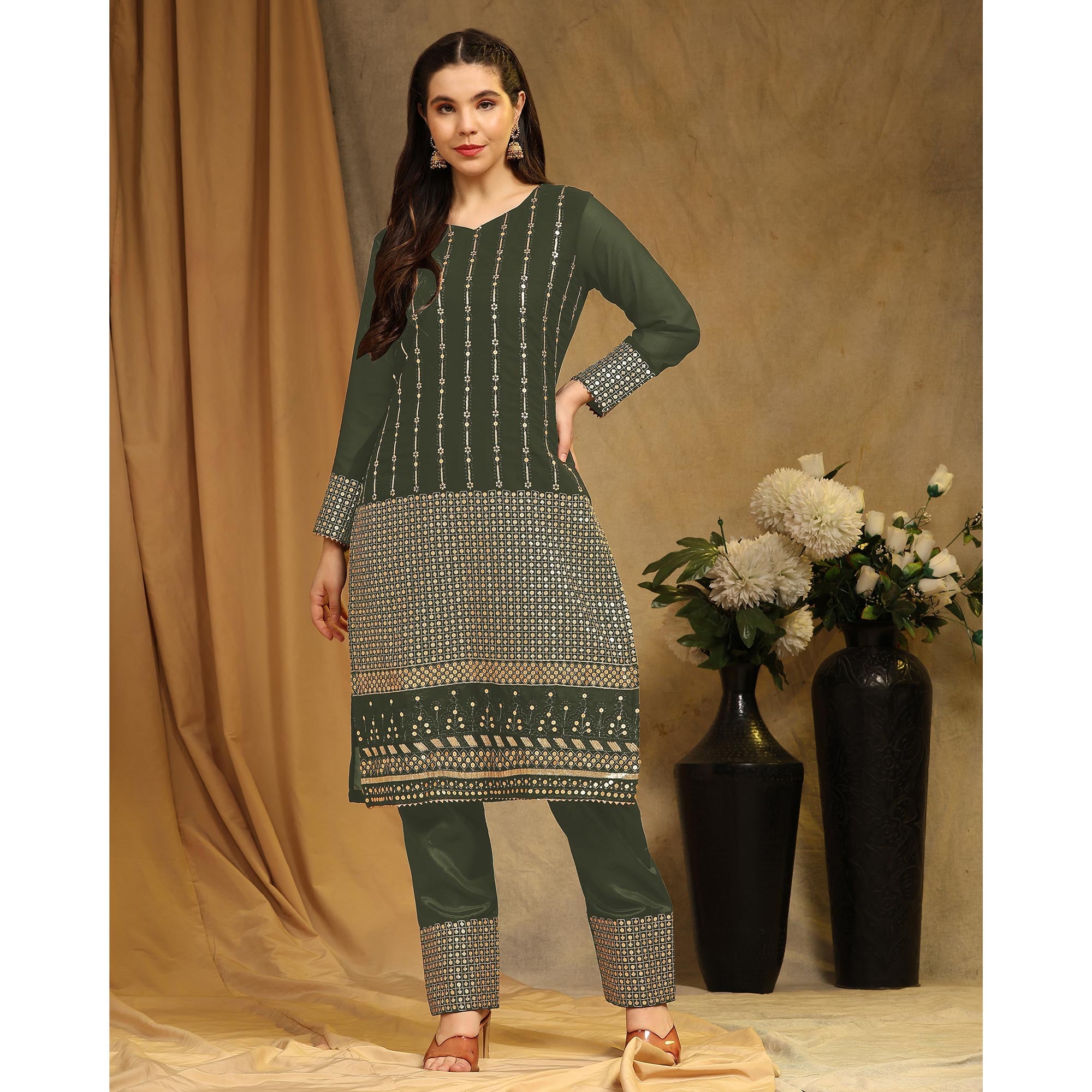 Mehendi Green Sequins Embroidered Georgette Semi Stitched Salwar Suit